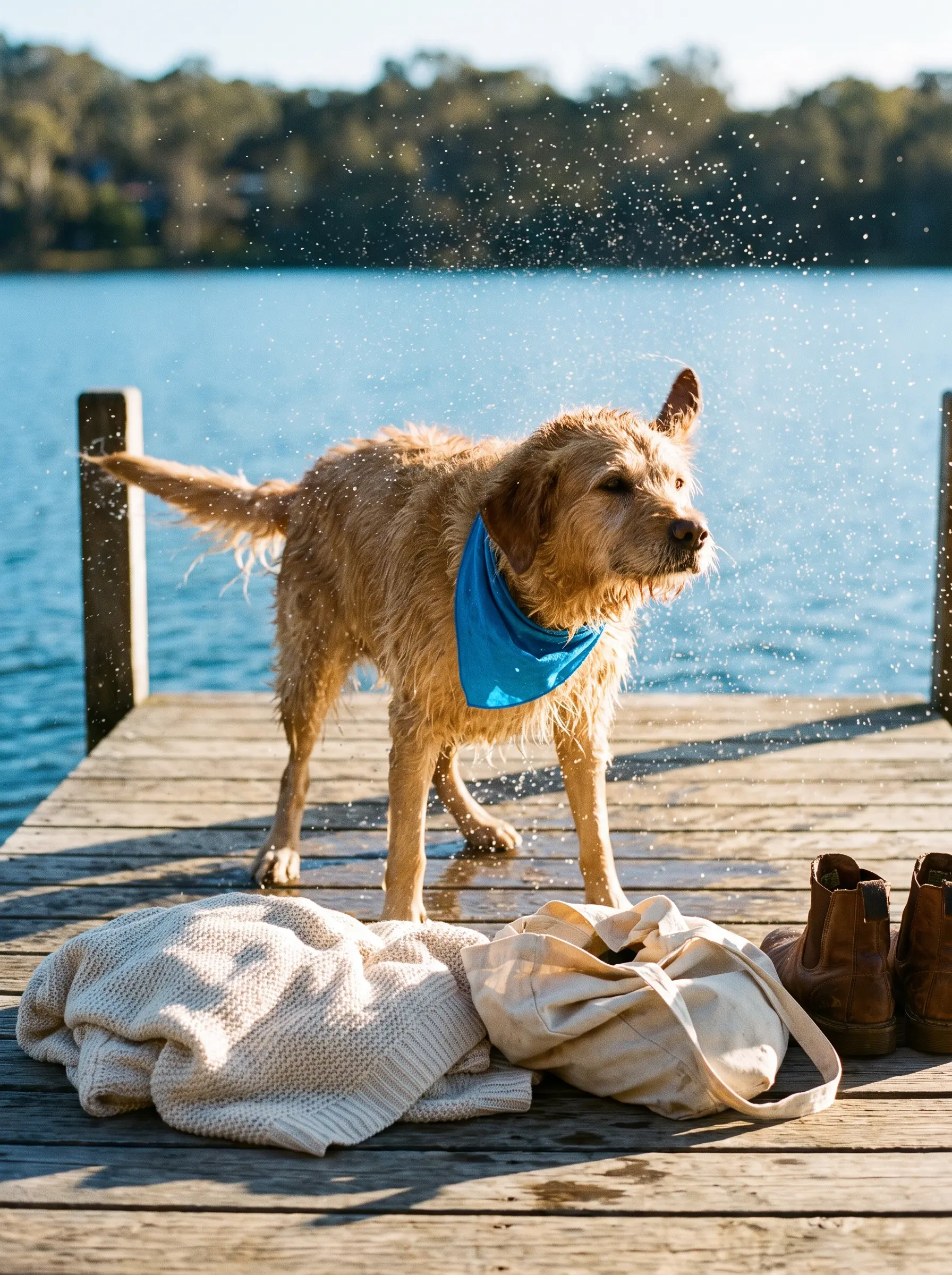 A dog shaking off water on a lake jetty