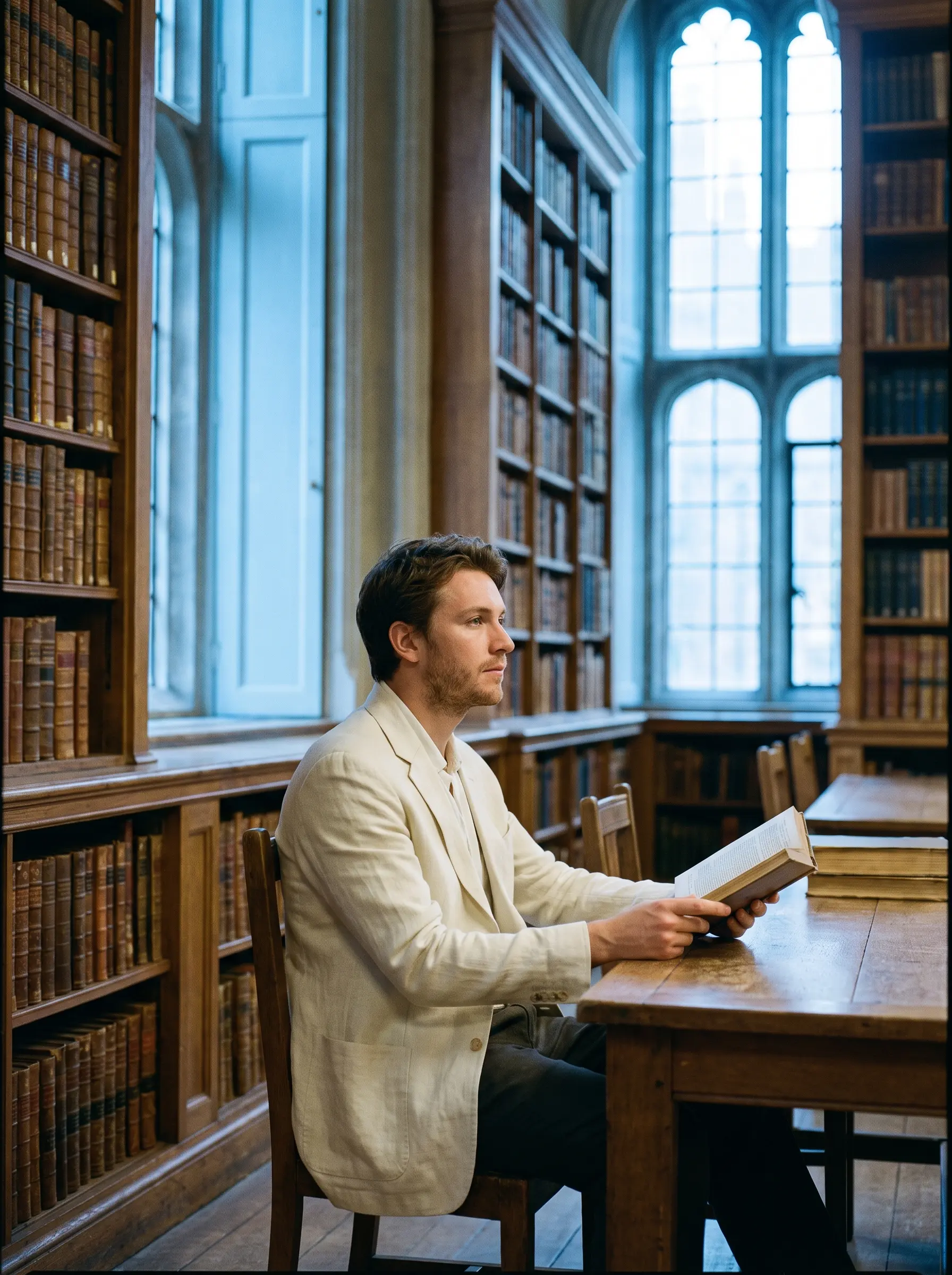 A vast library hall with tall arched windows and soft azure light falling across the shelves