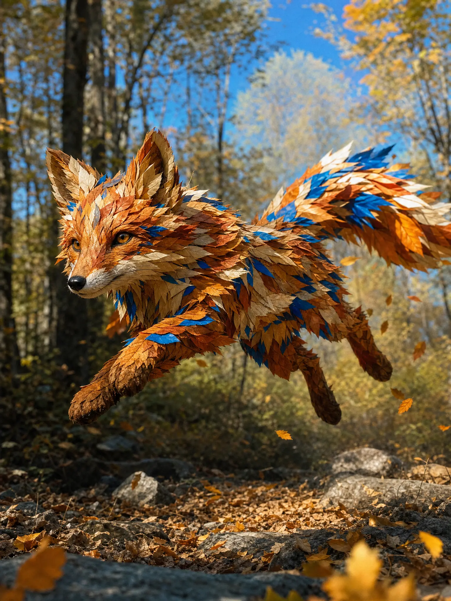 A fox made of autumn leaves leaping through a forest