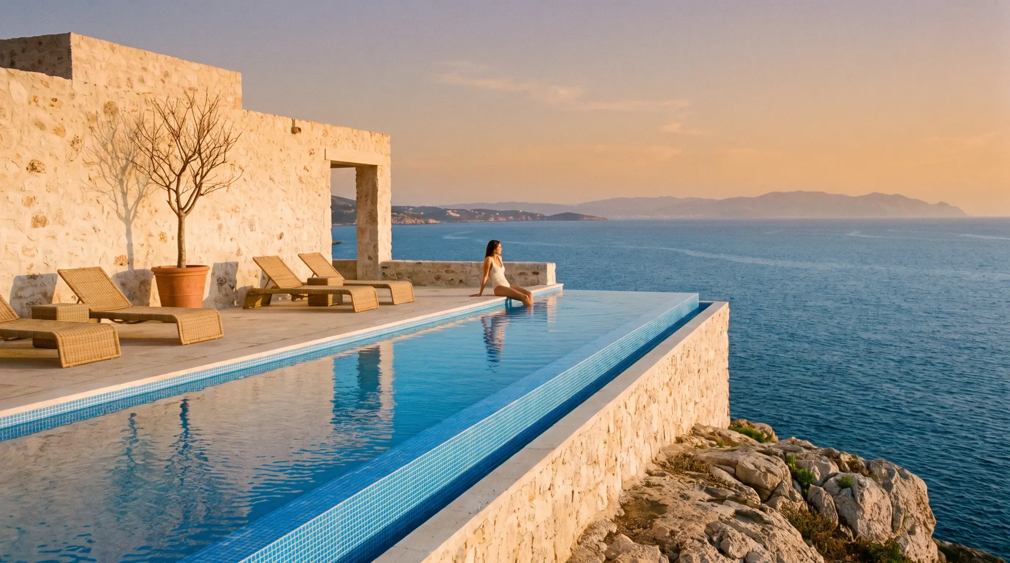 A cinematic photograph of a minimalist infinity pool on a cliff edge overlooking an azure sea at golden hour