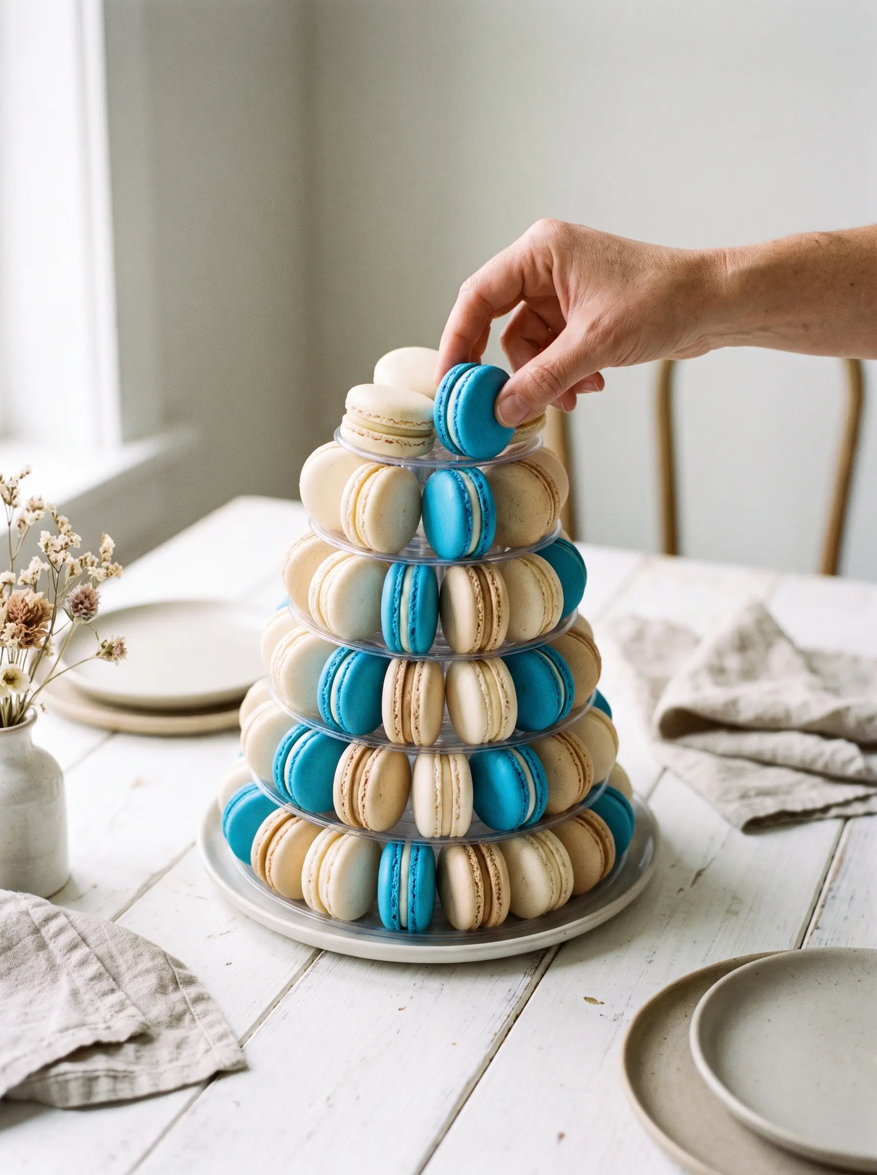 A tower of pastel and azure macarons on a white table
