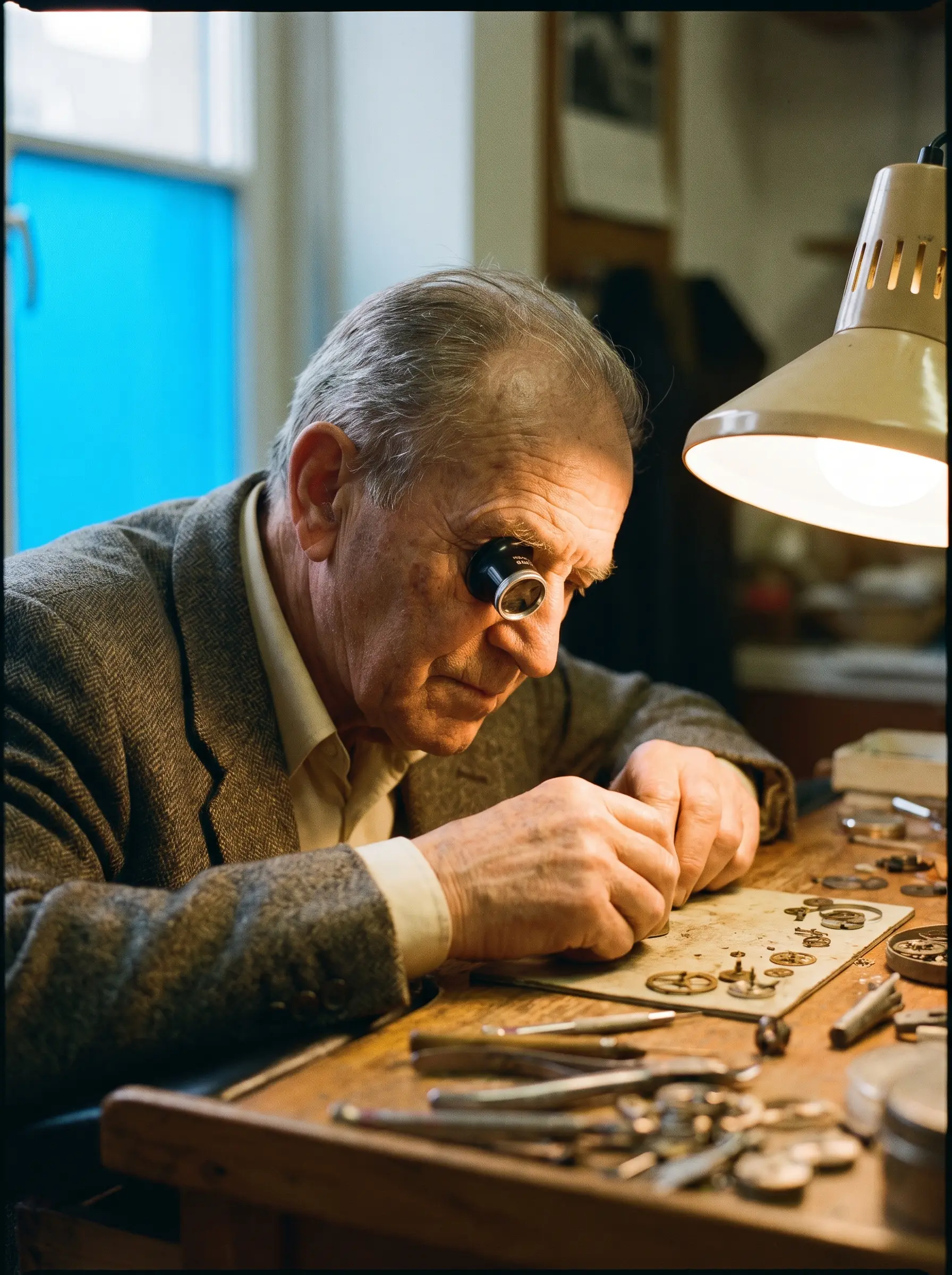 A portrait of an elderly watchmaker at his bench