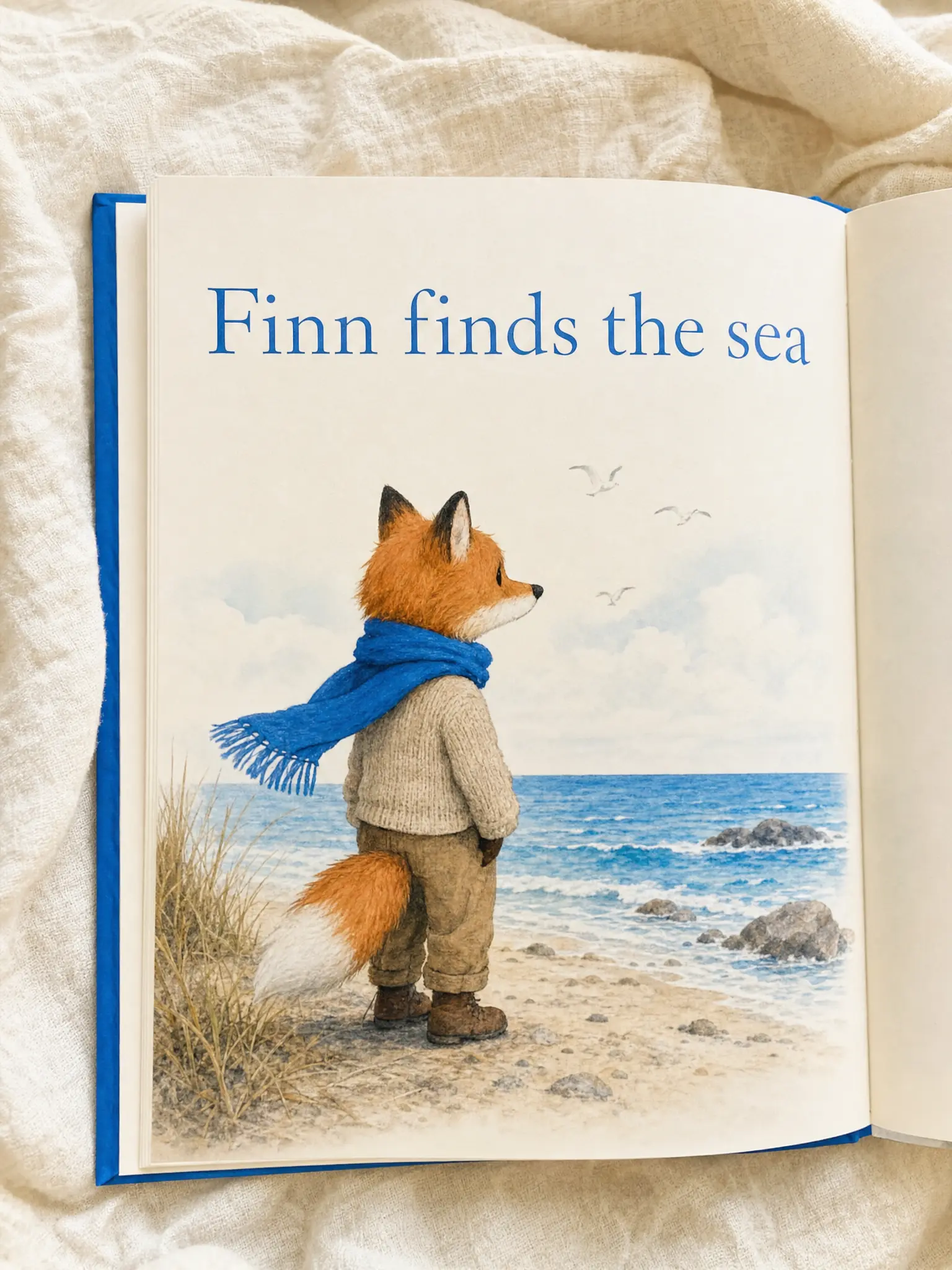 A children's book page with a fox in an azure scarf and the line "Finn finds the sea"