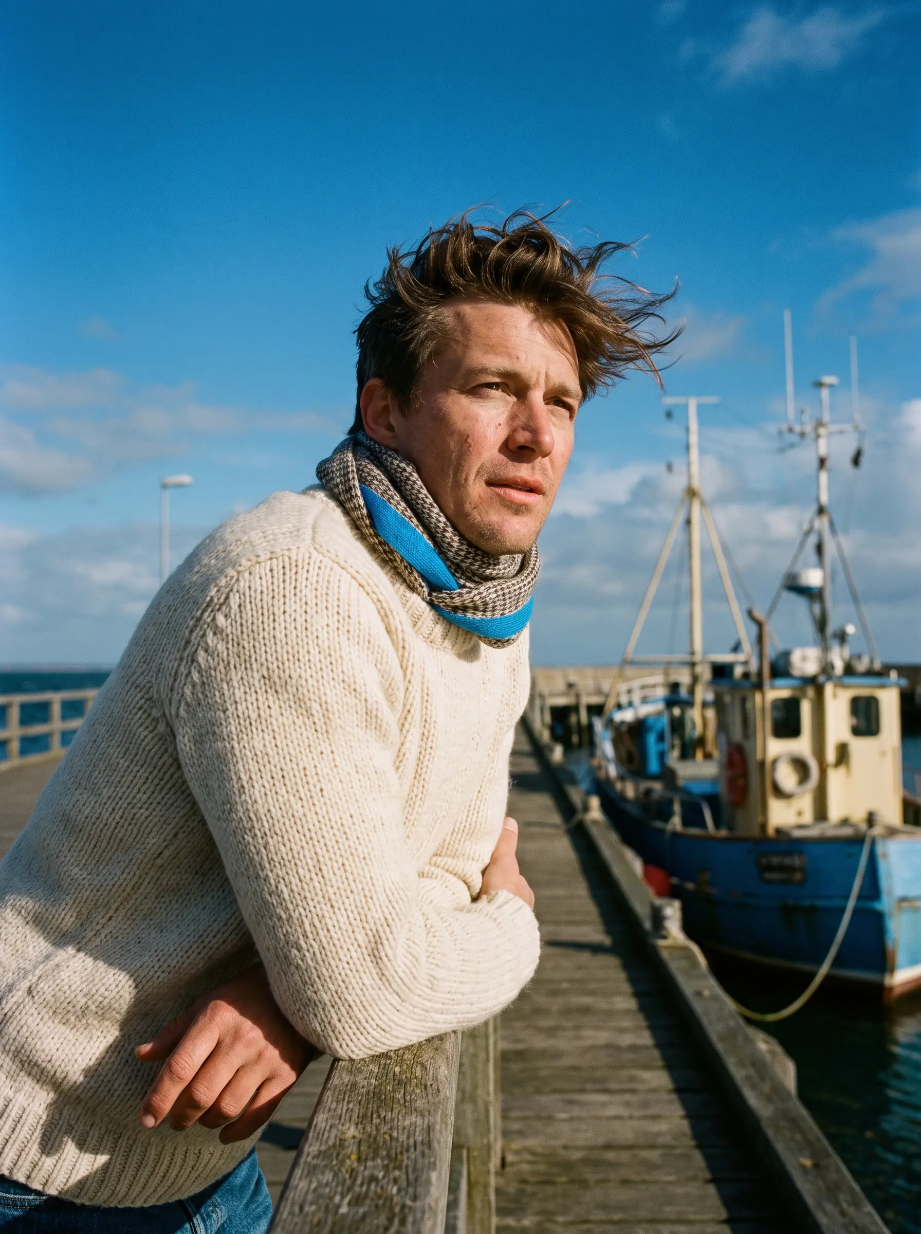 A man in a cream knit sweater on a windy pier under an azure sky