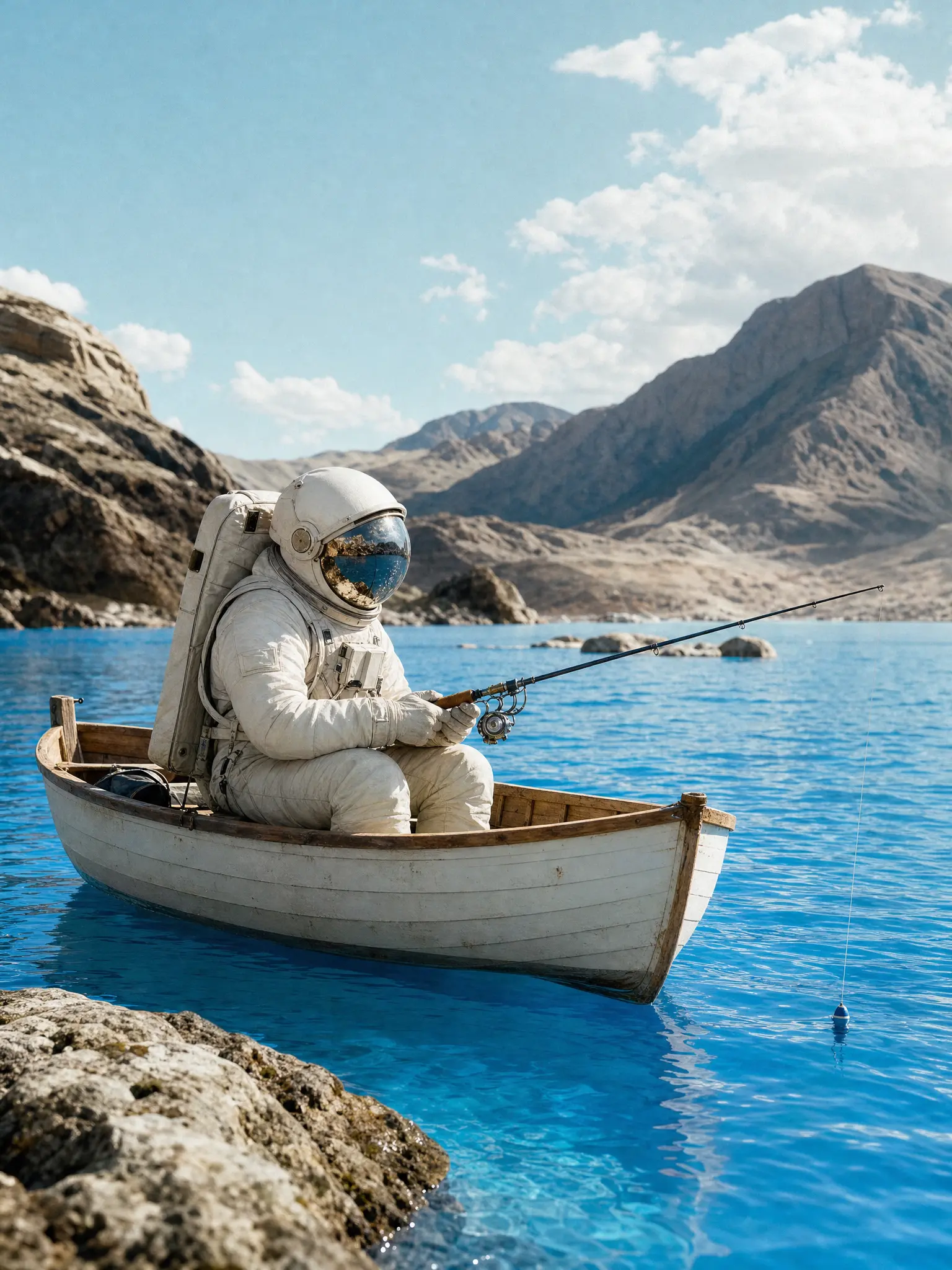 An astronaut fishing from a small boat on an azure lake on another planet