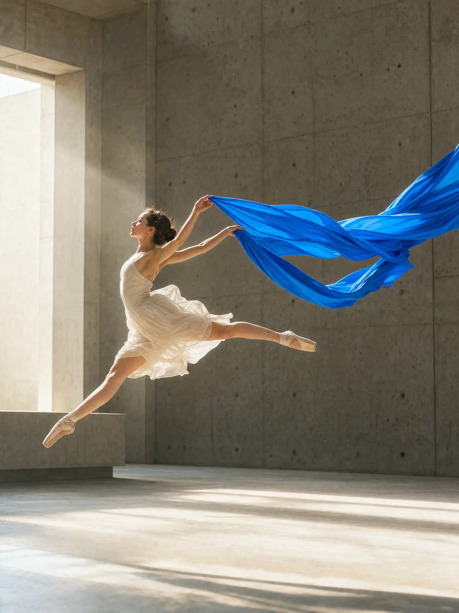 A dancer leaping with a ribbon of azure silk