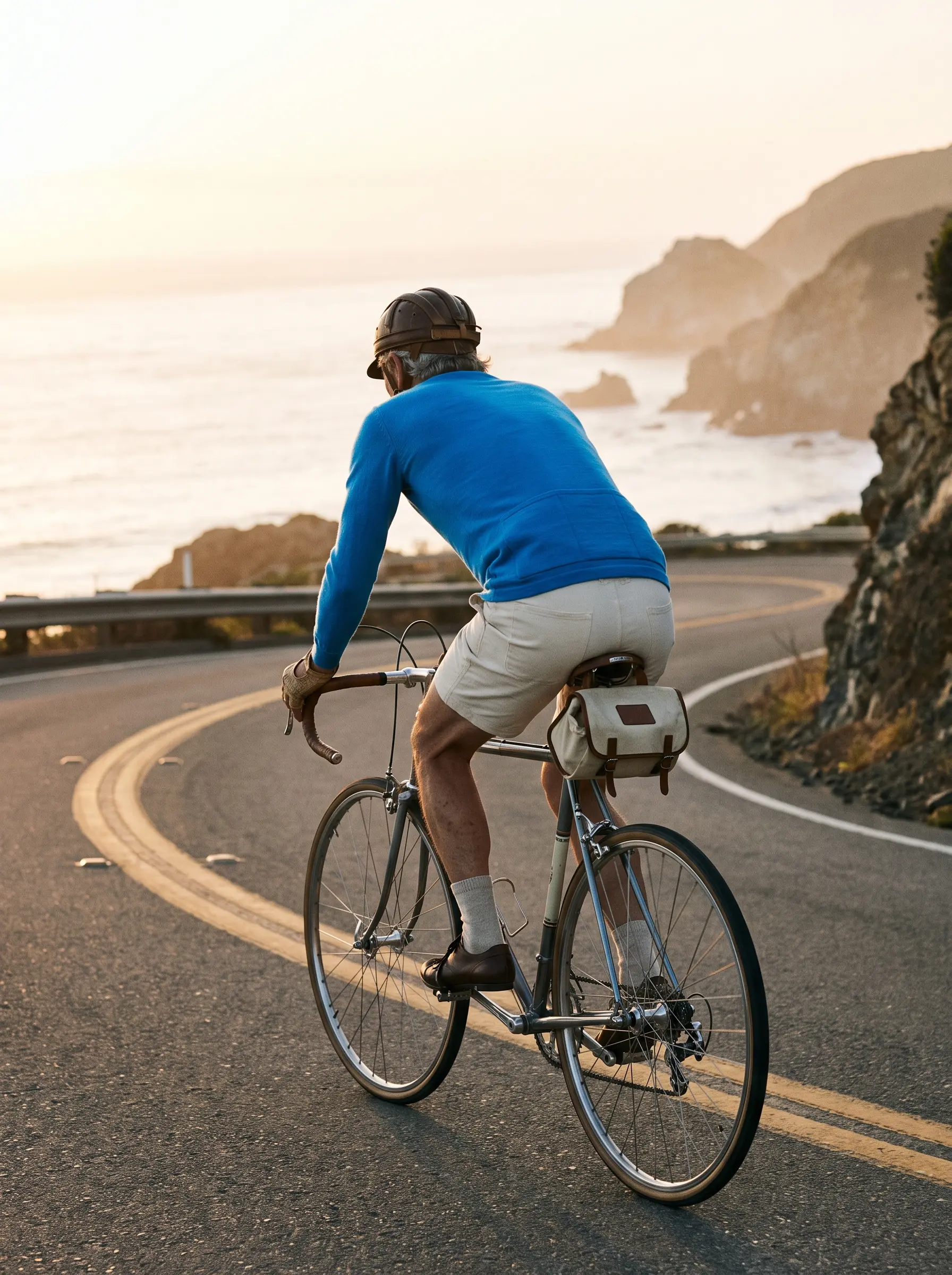 A cyclist in an azure jersey on a coastal road at sunrise