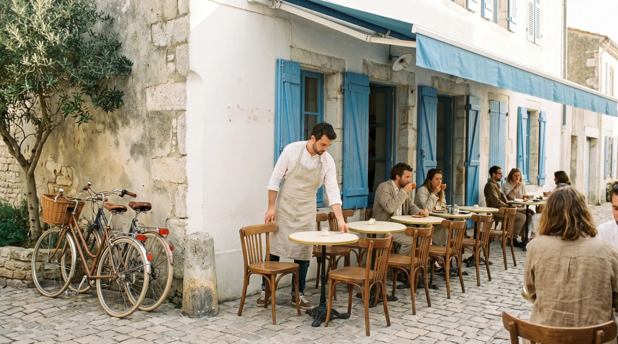 A sunlit photograph of a small corner café with azure shutters