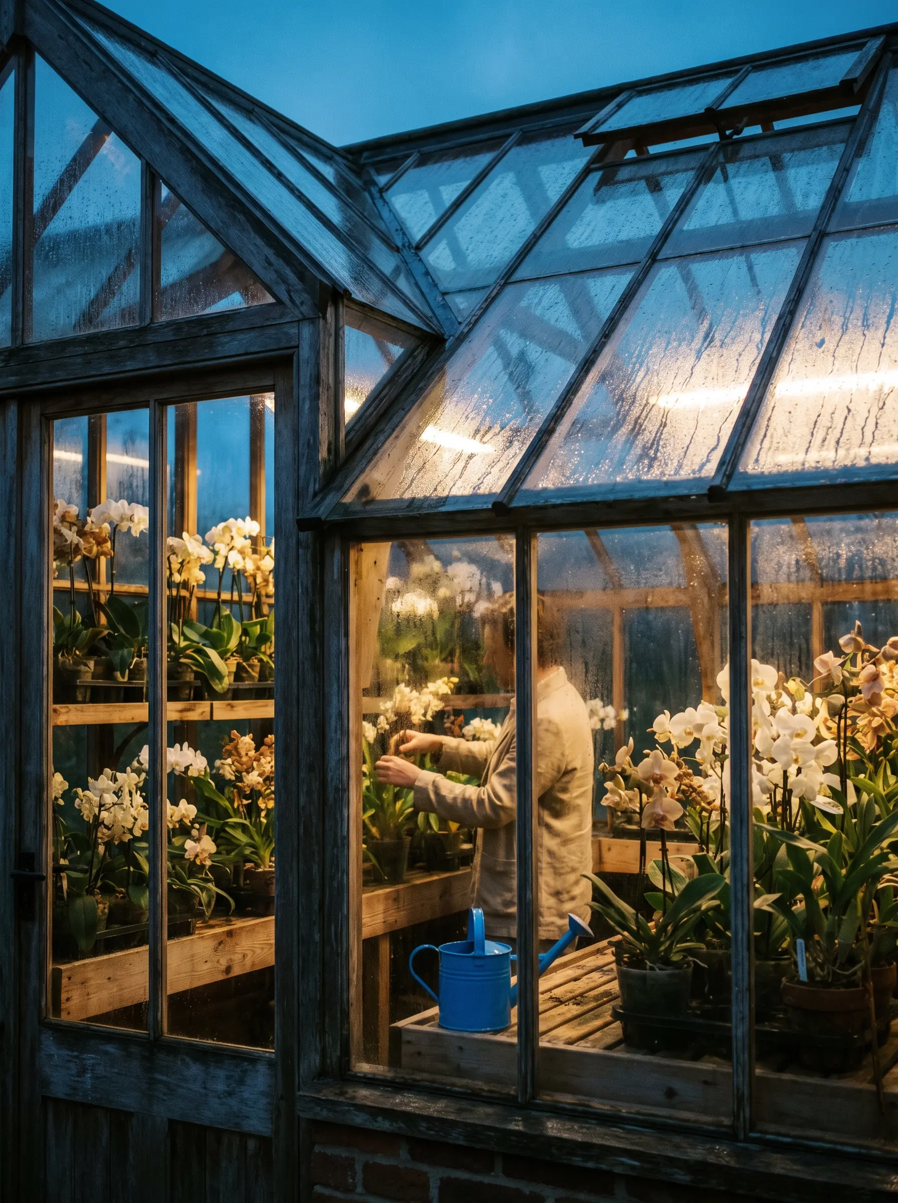 A glass greenhouse at dusk glowing from inside