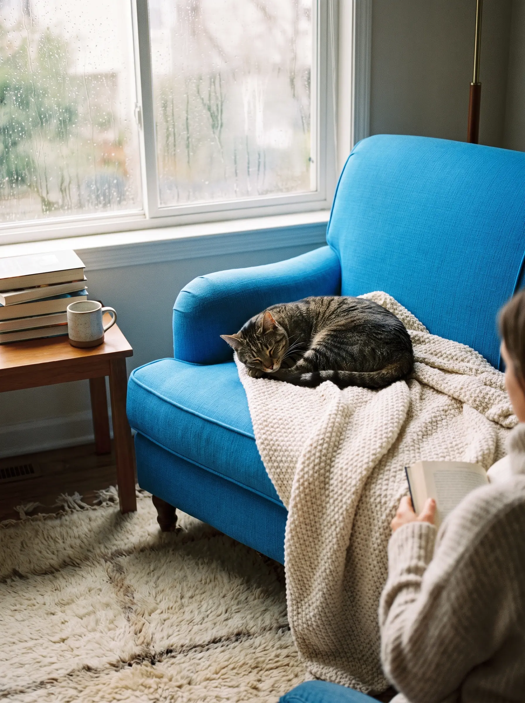 A cosy reading nook with an azure armchair