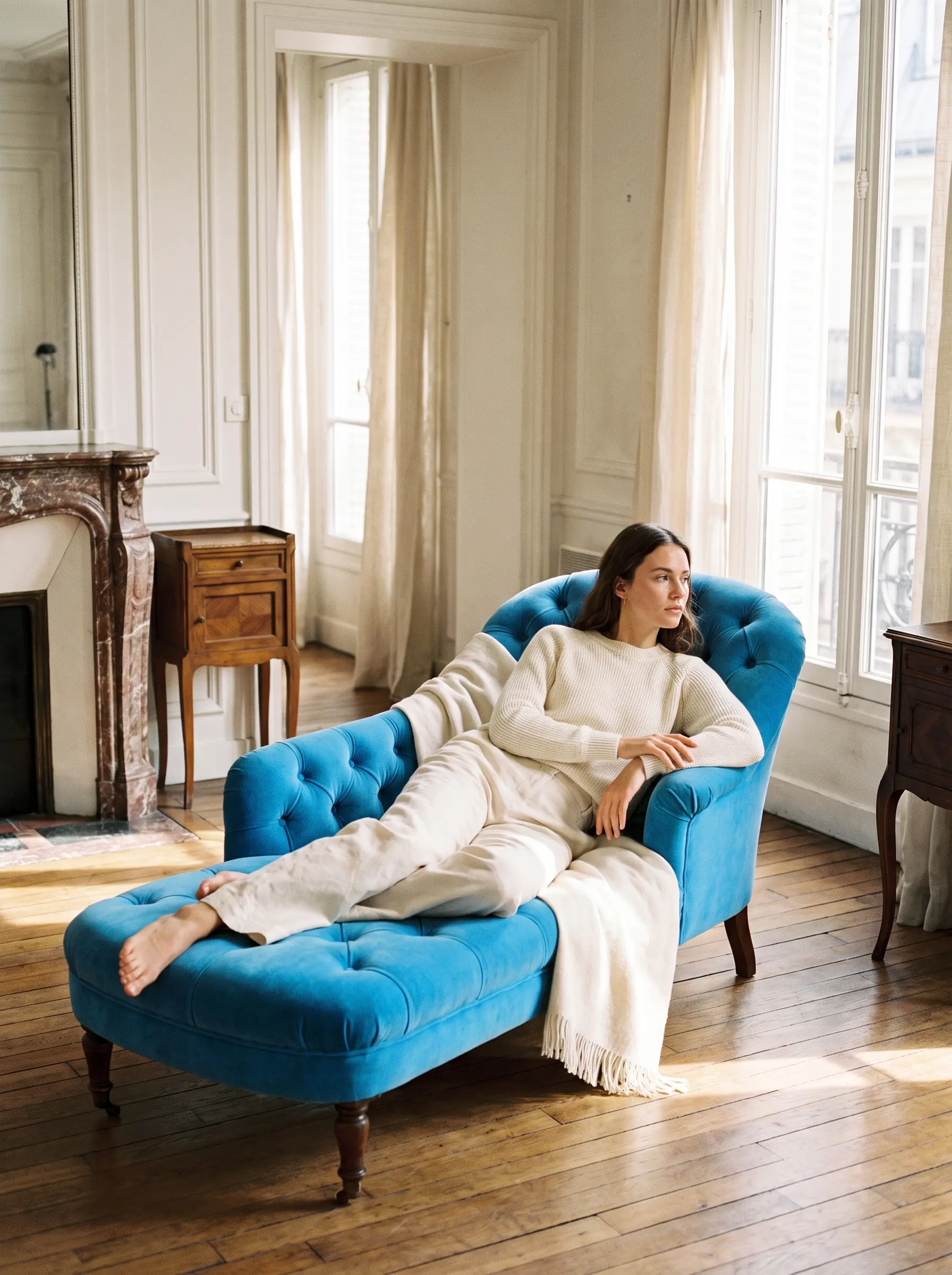 A model reclining on an azure velvet chaise in a sunlit Parisian apartment