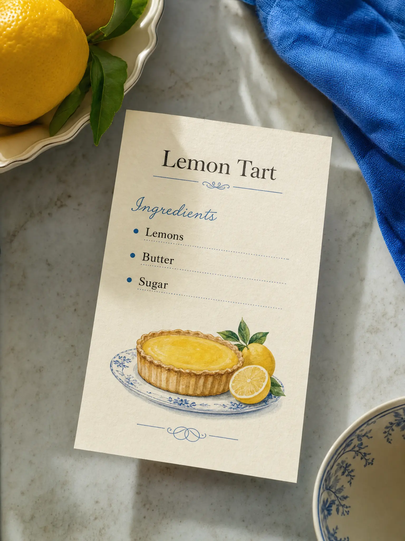 A neat recipe card titled "Lemon Tart" listing "Lemons"