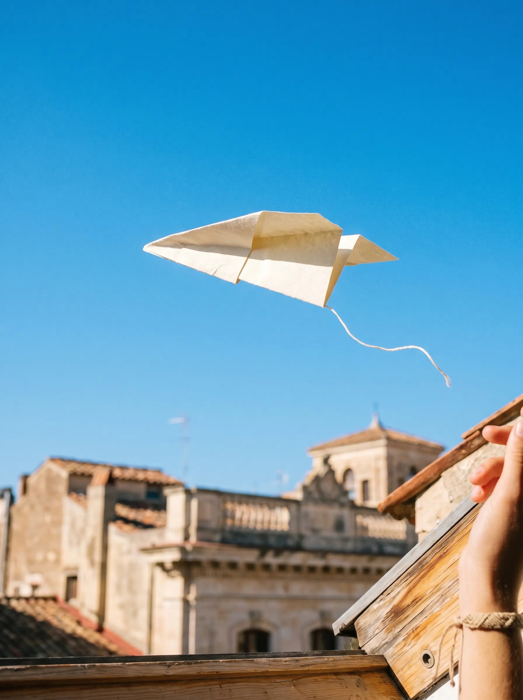 A paper plane flying across a clear azure sky above city rooftops