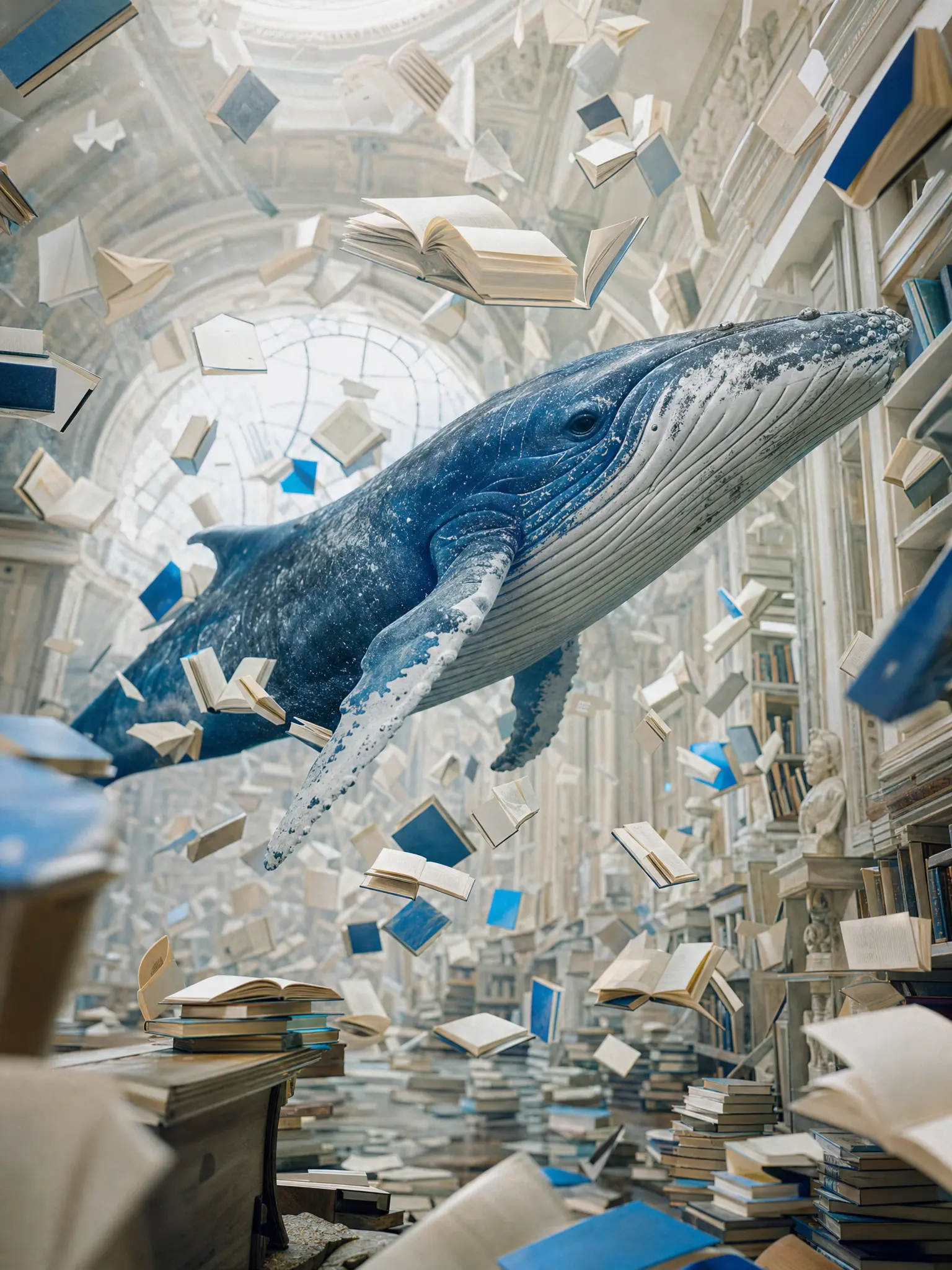 A whale swimming through a library of floating books