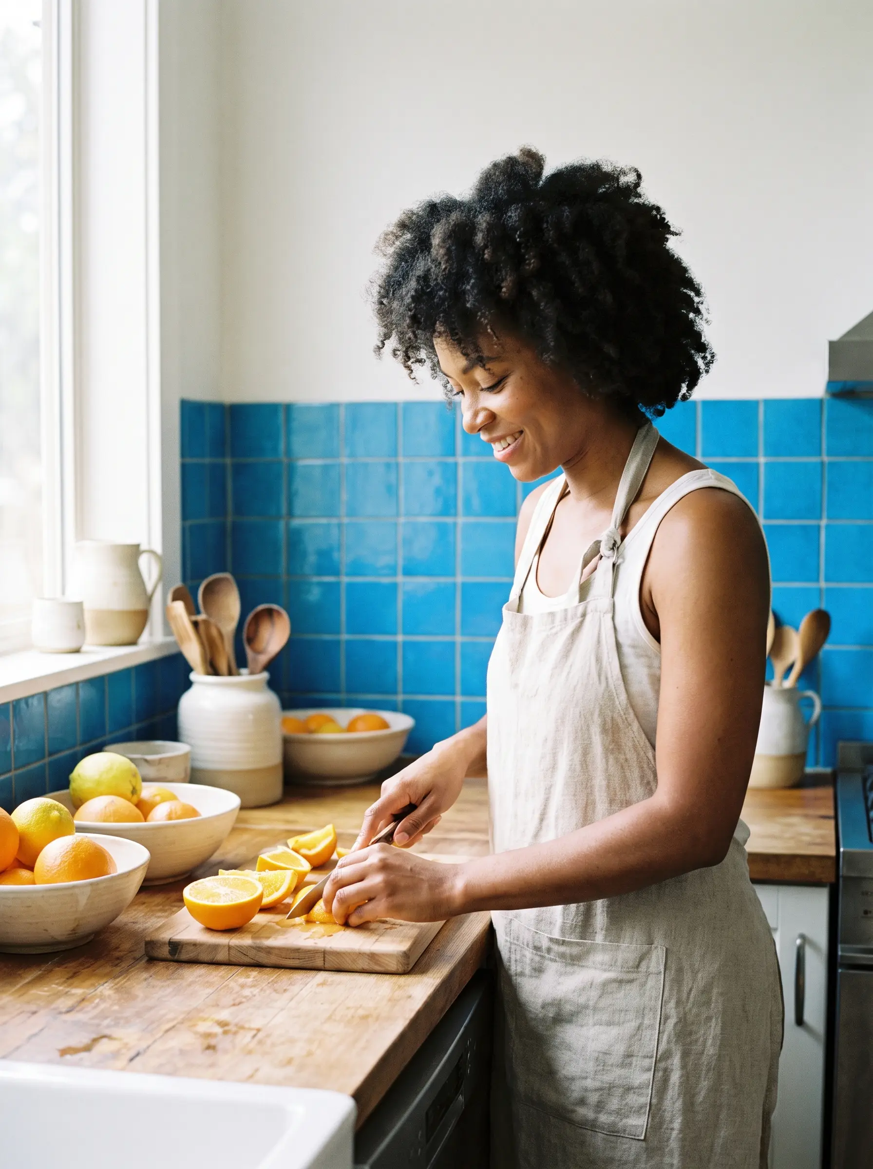 A bright kitchen with a woman slicing oranges