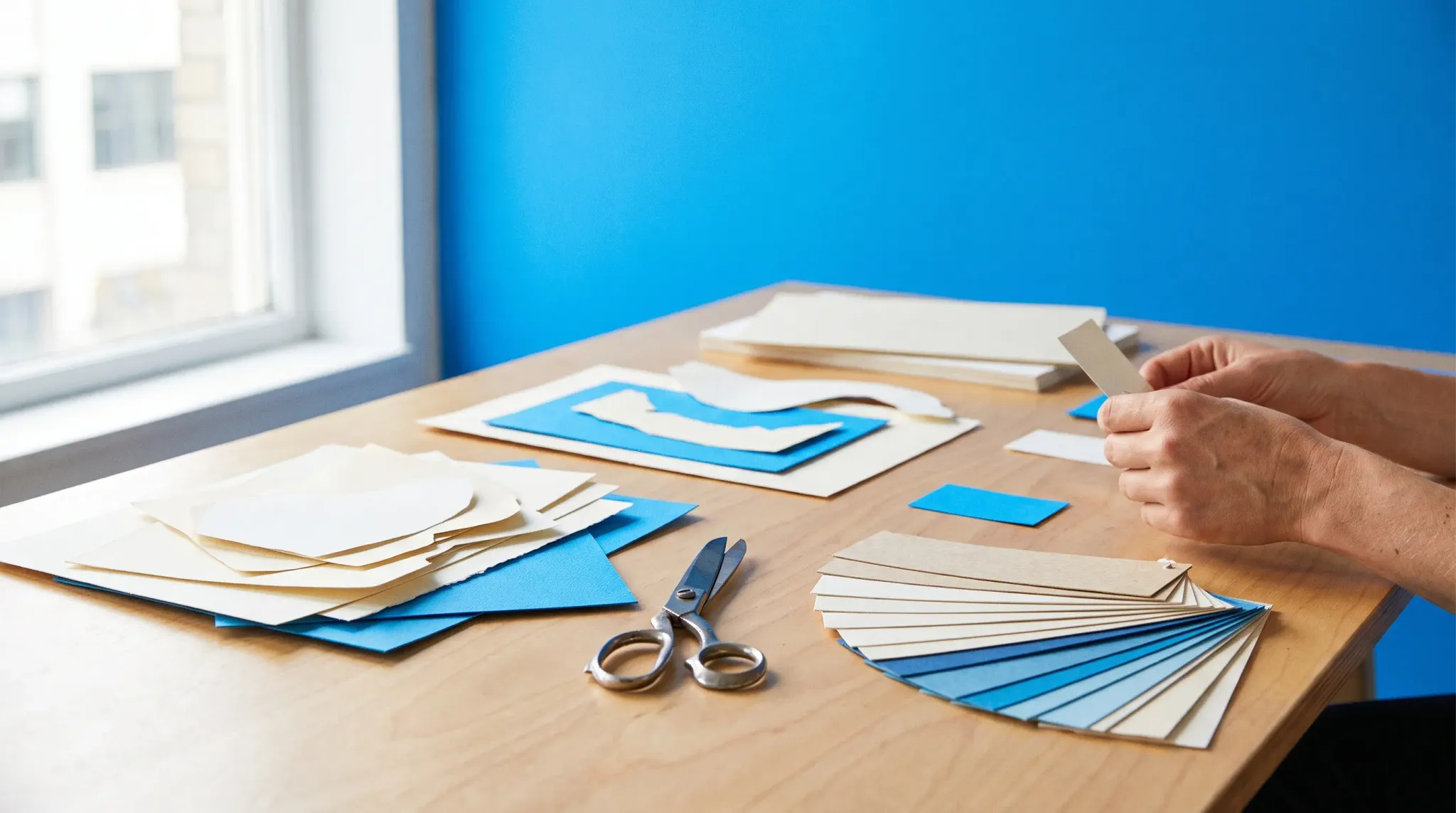 A bright photograph of a creative studio table with colour swatches