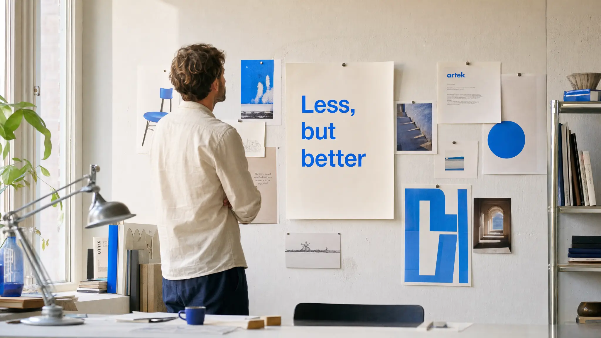 A photograph of a designer's studio wall pinned with printed posters