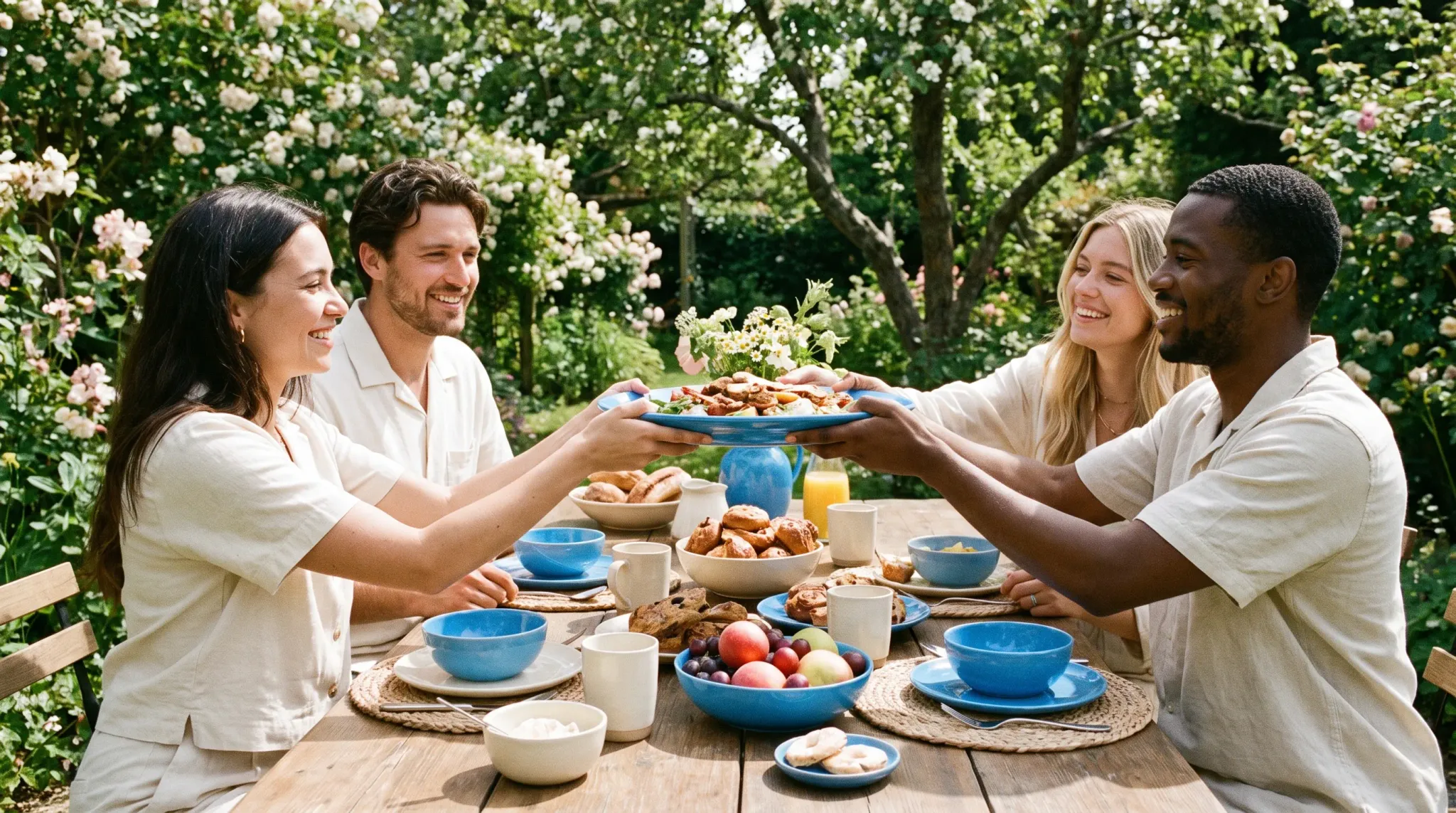 A bright lifestyle photograph of a weekend brunch table in a garden