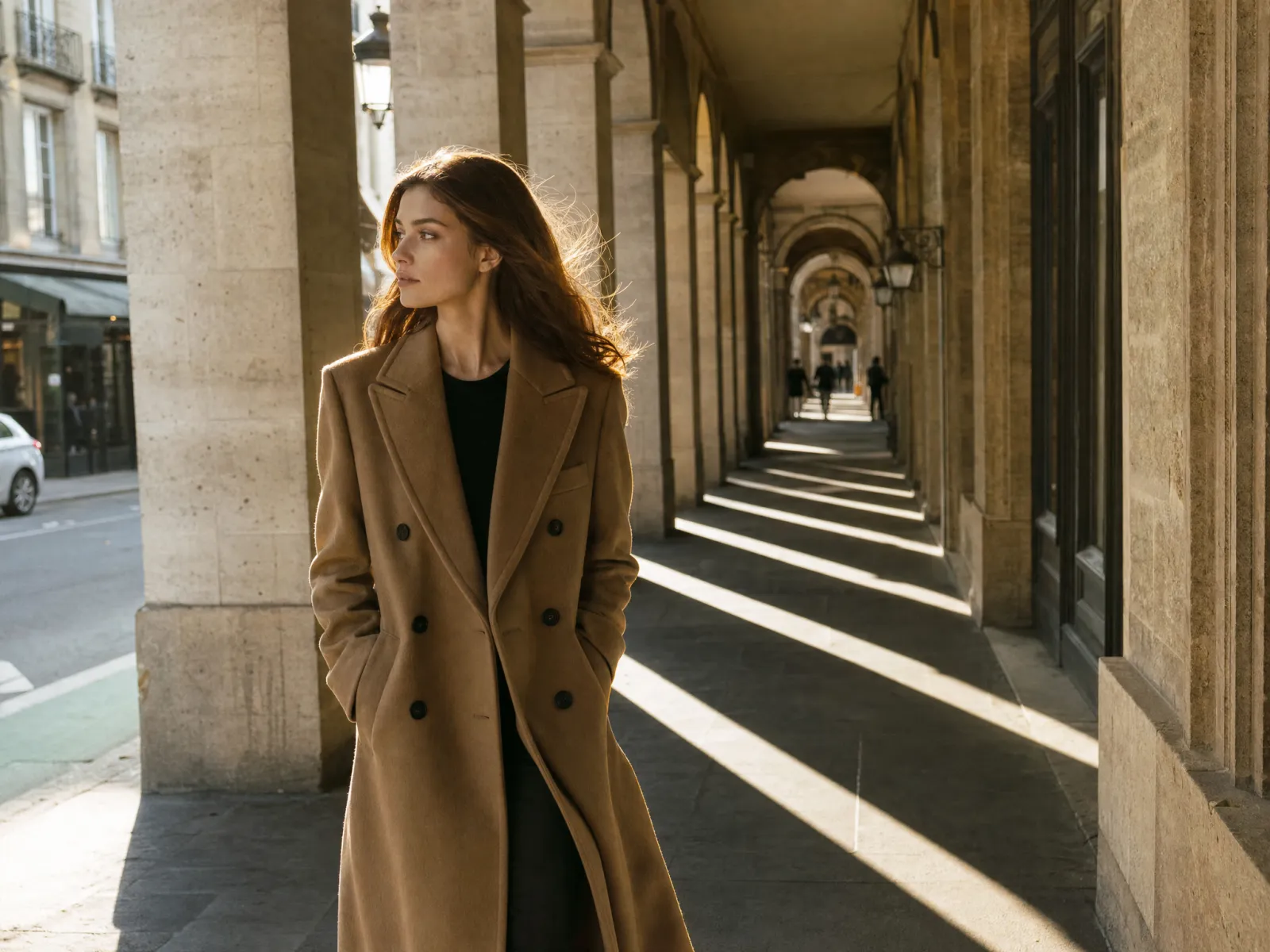 A model in a camel coat walking through a sunlit arcade
