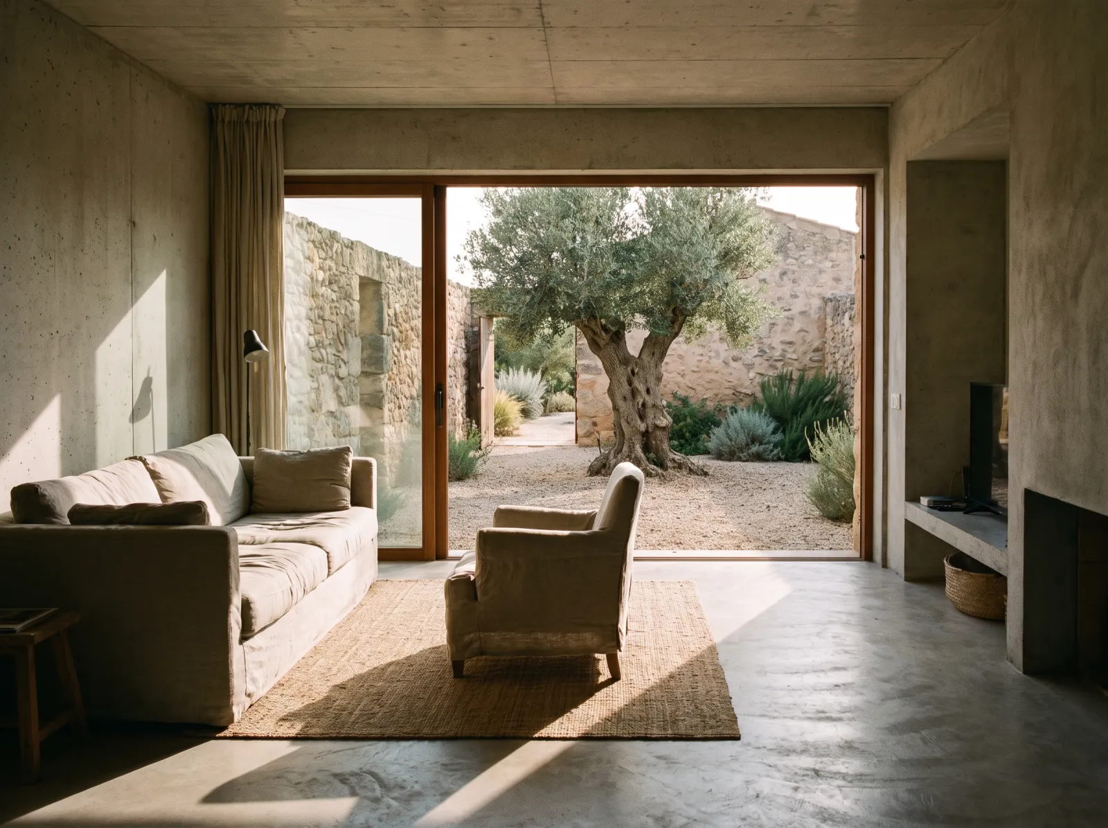 A sunlit concrete house opening onto a courtyard with an olive tree