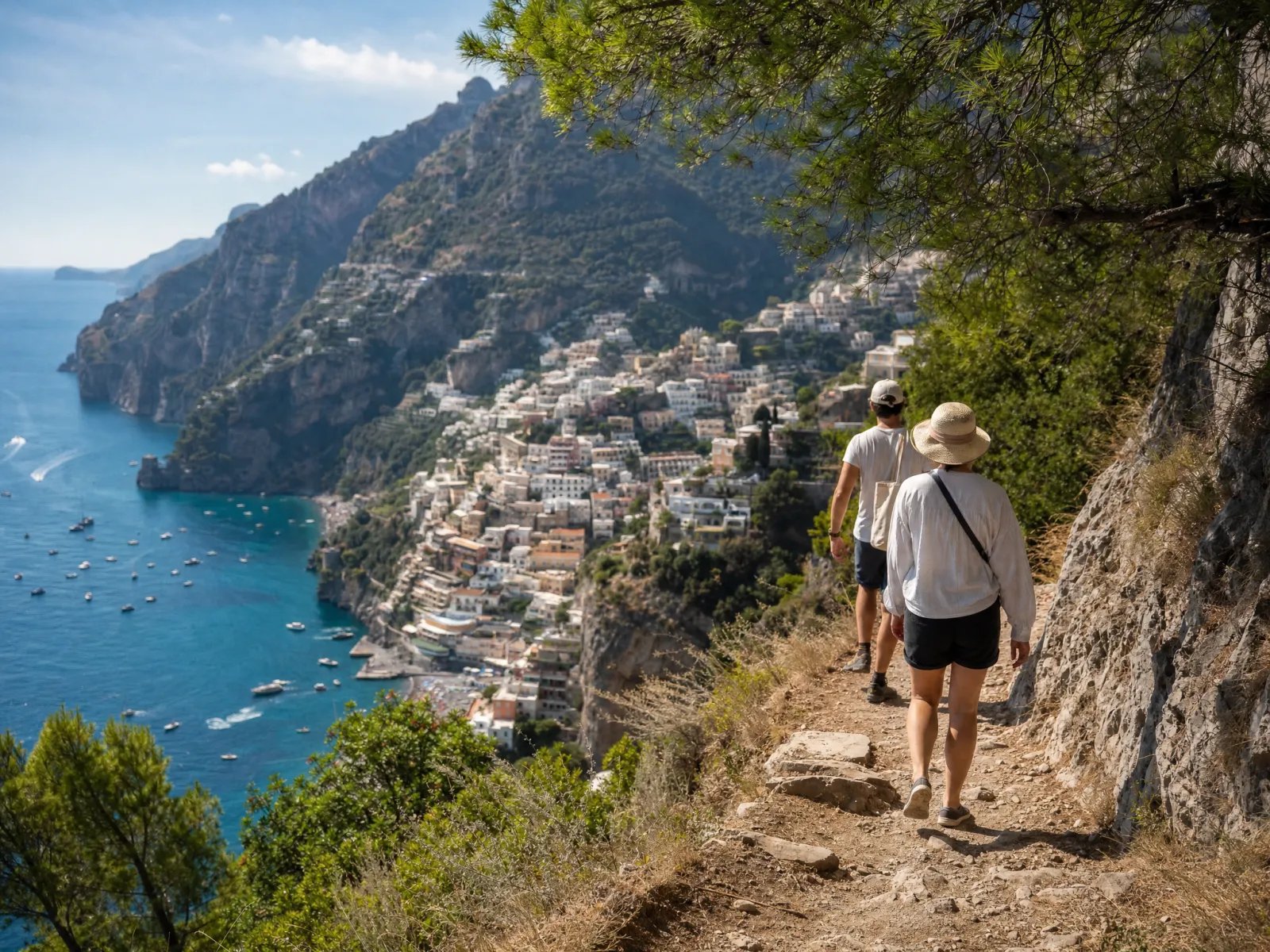 Travellers on a cliff path above turquoise coves
