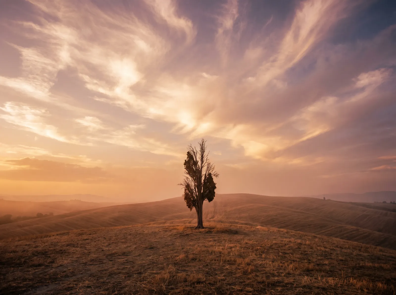 A dramatic sky over a lone tree on a Tuscan hill