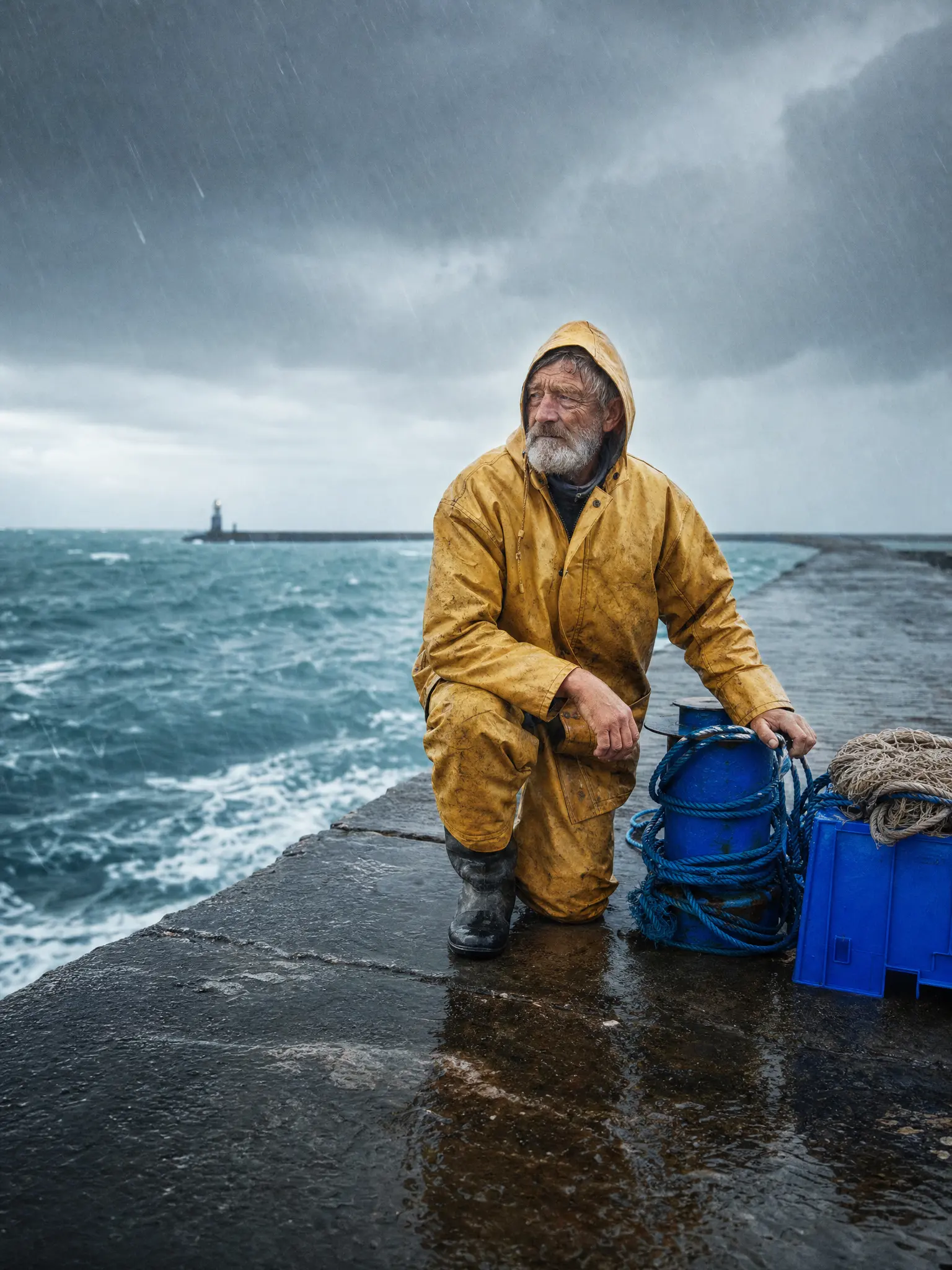 A fisherman in yellow oilskins in the rain