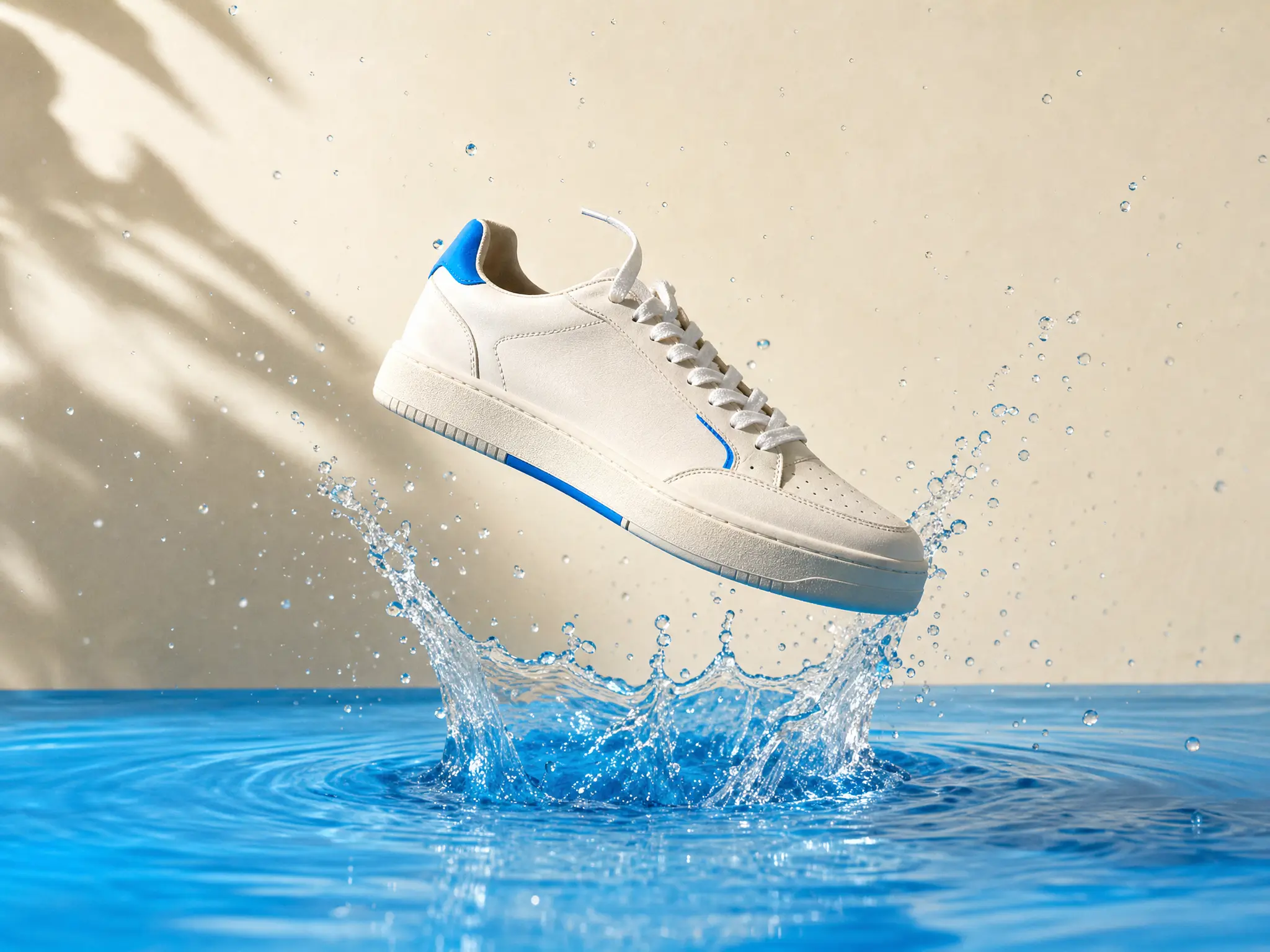 A white sneaker in a splash of azure water
