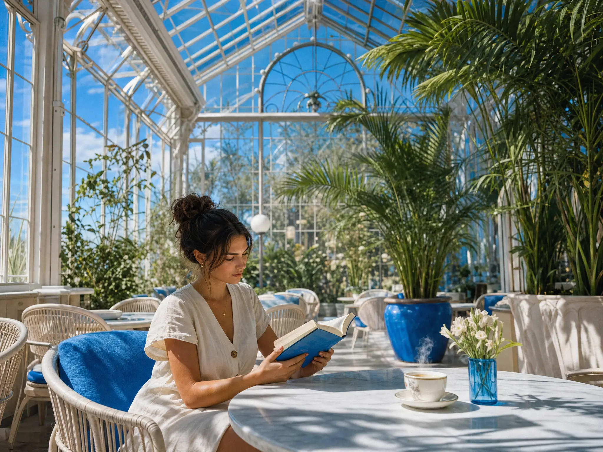 A woman reading in a sunlit greenhouse café
