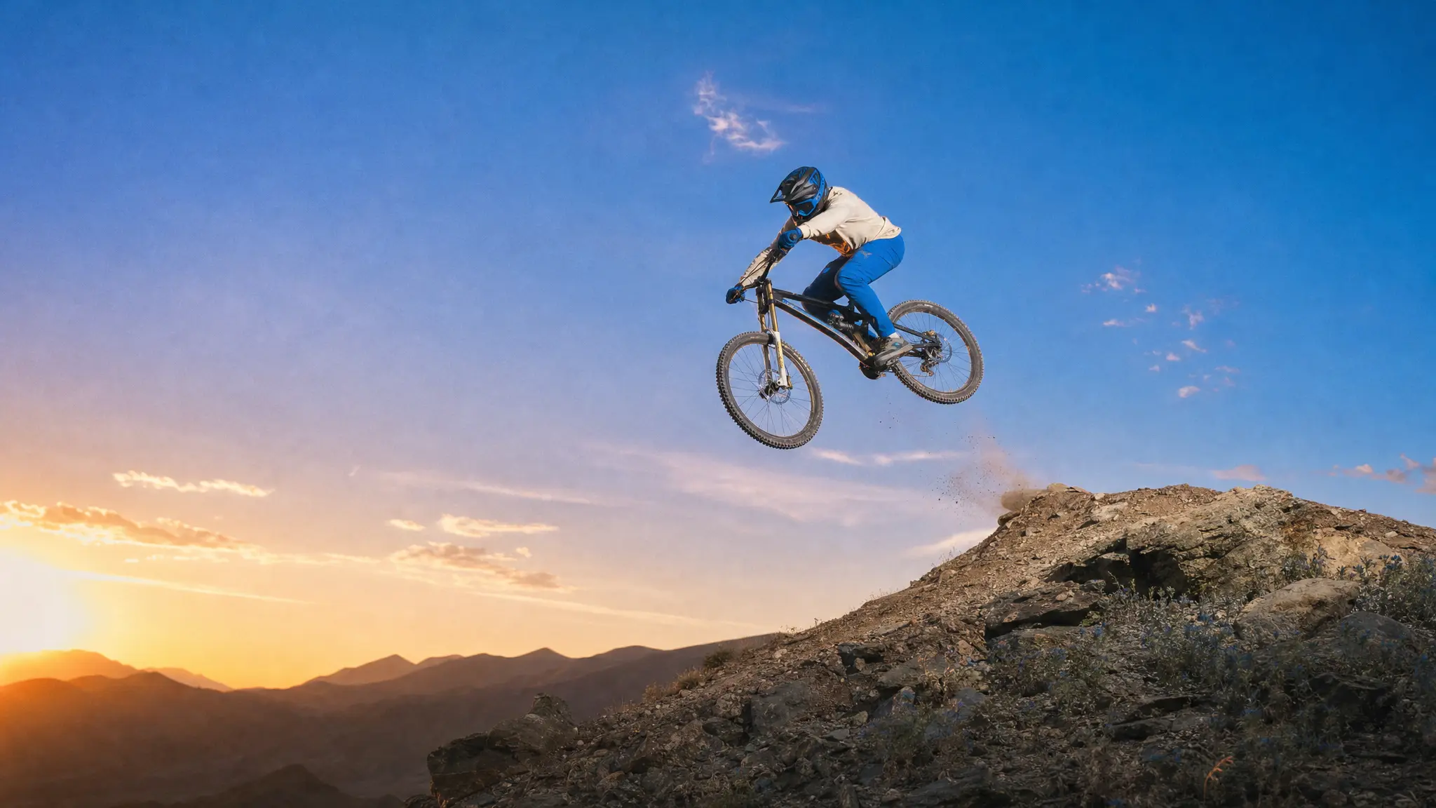 A mountain biker in the air at sunset