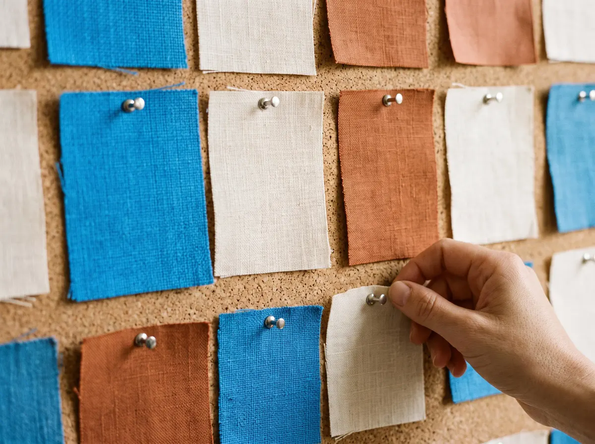 A moodboard of fabric swatches in azure