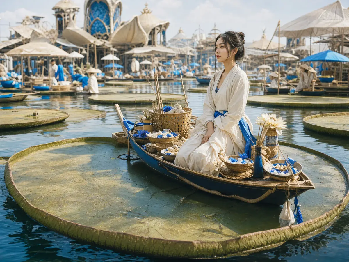 Concept art of a floating market city built on giant lily pads
