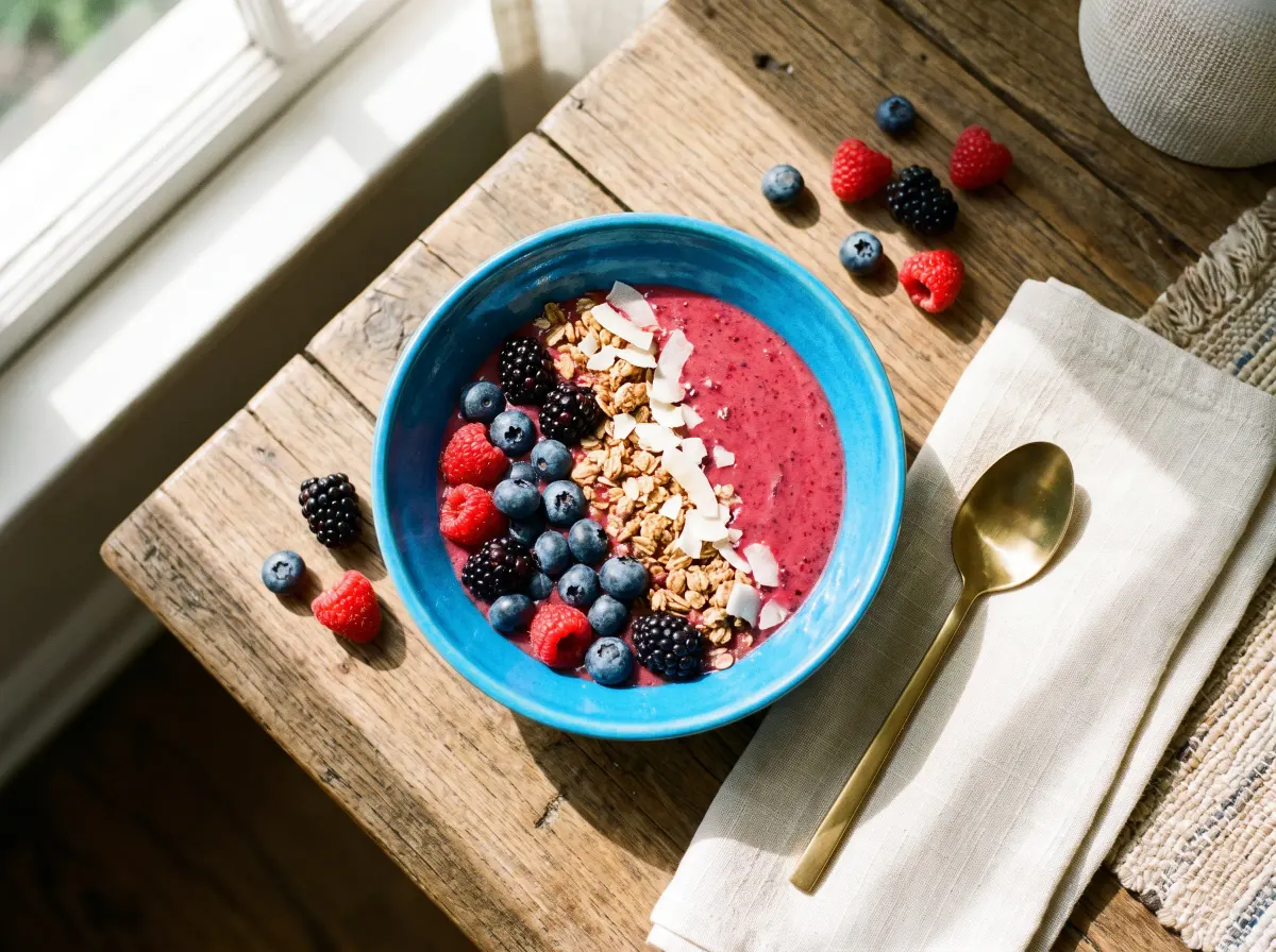 A smoothie bowl with berries in an azure bowl on a sunny table