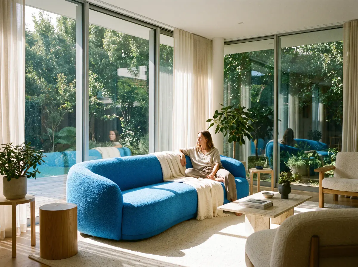 A sunlit modern living room with a curved azure sofa and floor-to-ceiling windows