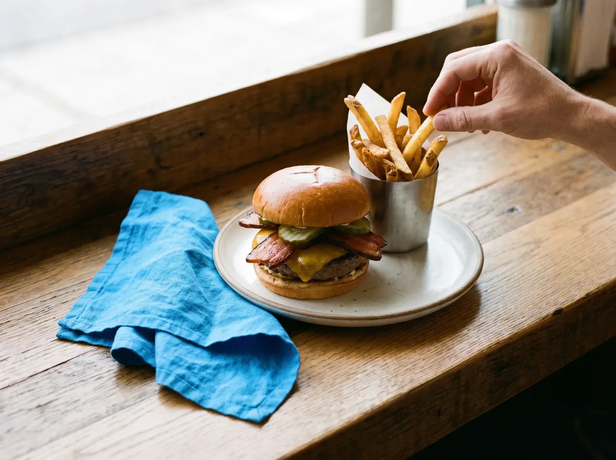 A burger and fries on a diner counter with an azure napkin