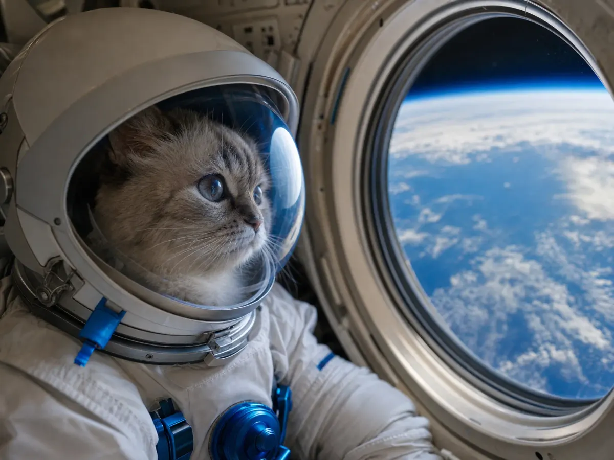 A cat in an astronaut helmet looking out of a rocket window at the Earth