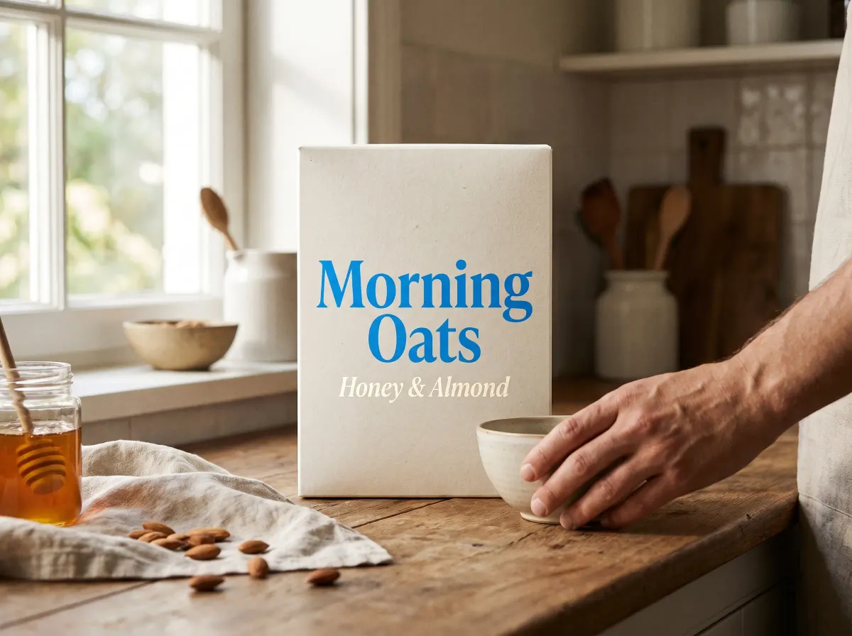 A cereal box on a kitchen counter