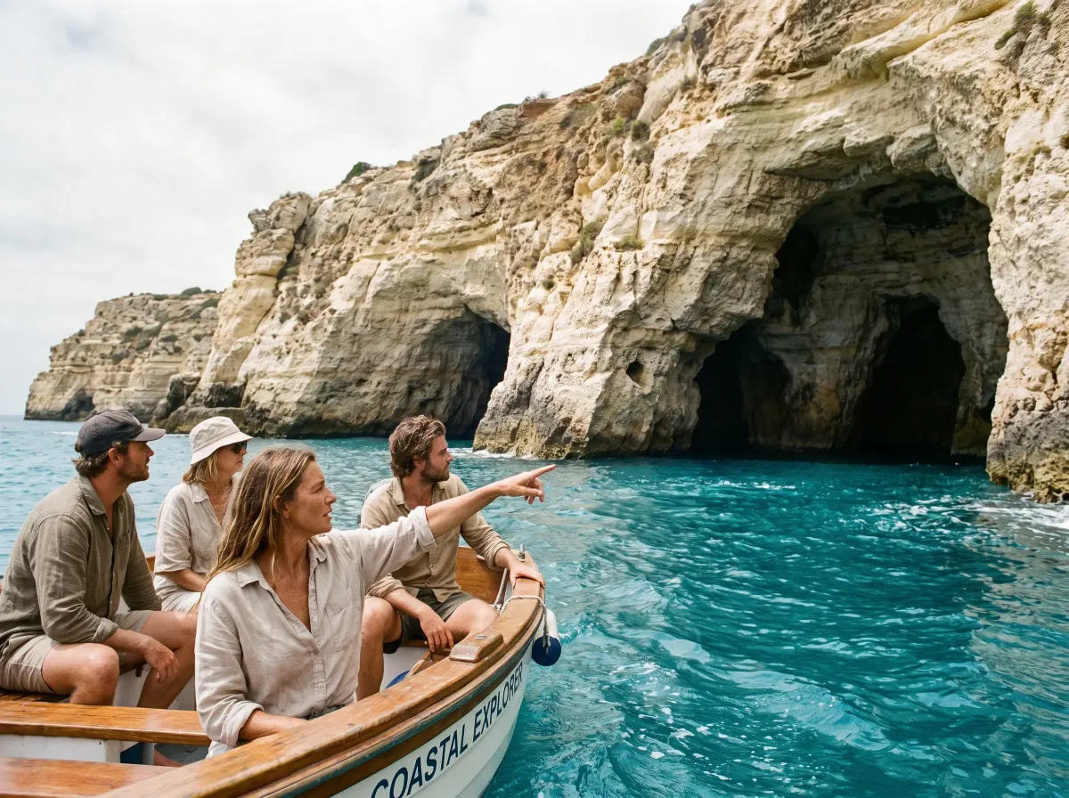 A small tour boat approaching sea caves along an azure coastline