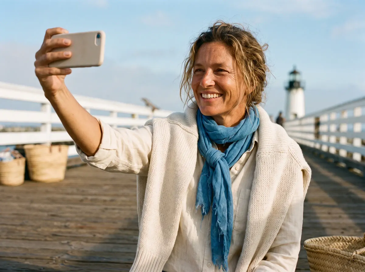 A smiling woman taking a selfie on a sunny pier