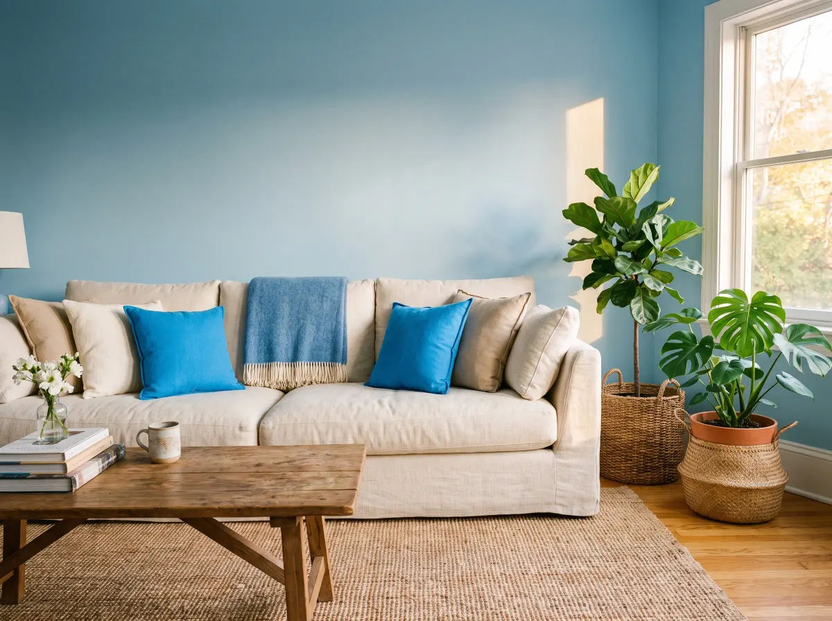 A living room freshly painted soft azure