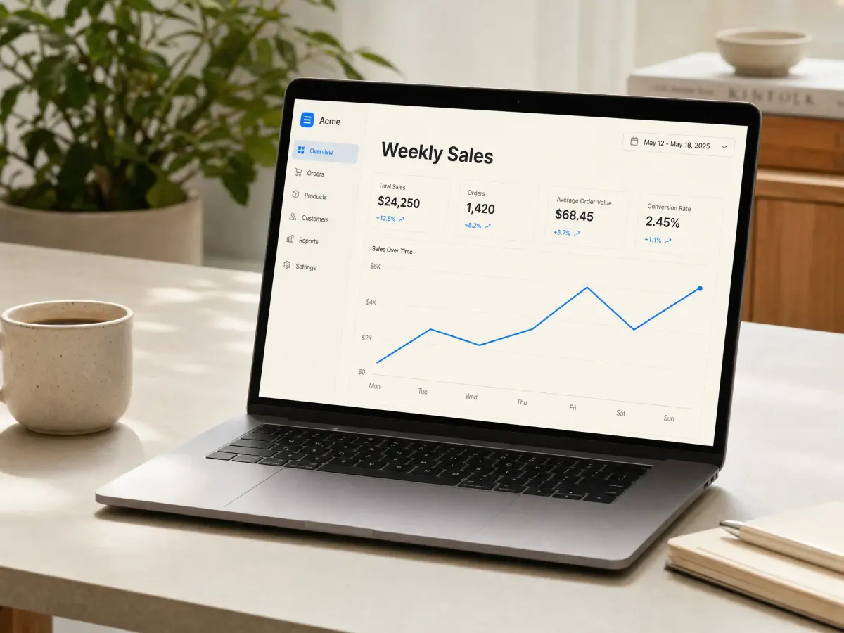 A laptop on a desk showing a simple dashboard titled "Weekly Sales" with an azure line chart