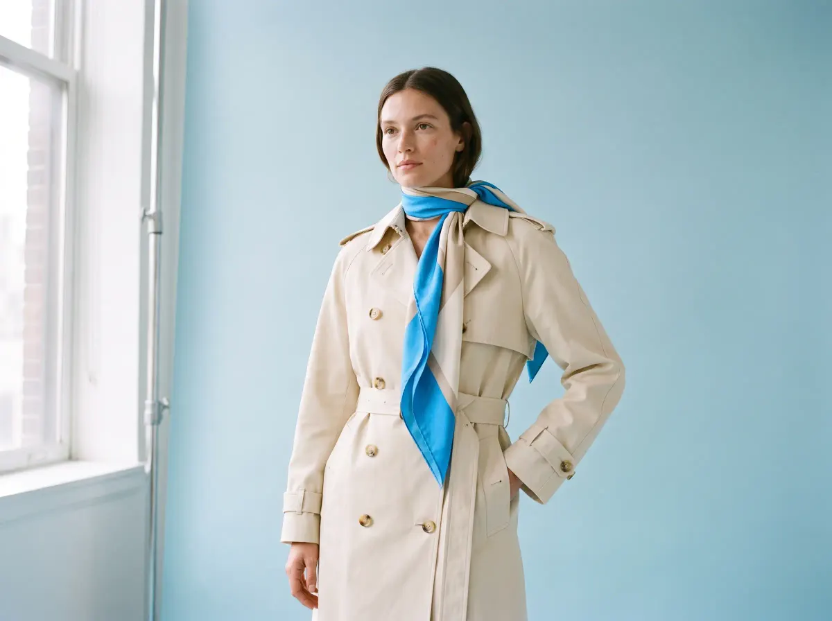 A clean catalogue shot of a cream trench coat on a model against a pale azure studio wall