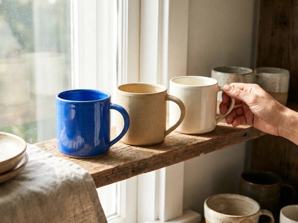 Three versions of the same ceramic mug in azure
