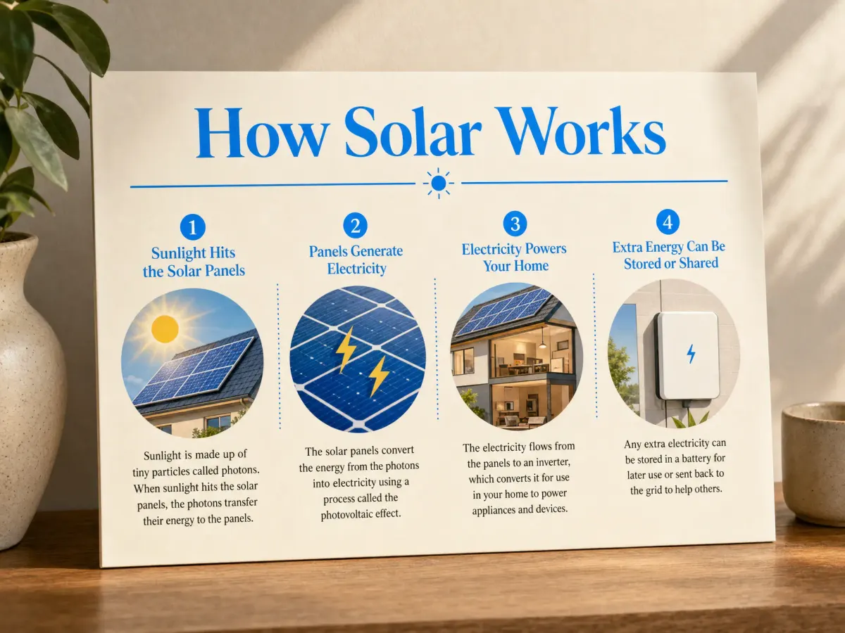A step-by-step diagram titled "How Solar Works" with four labelled steps