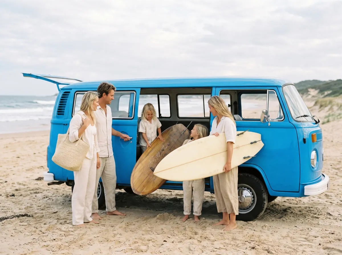 A family unloading surfboards from an azure van at the beach