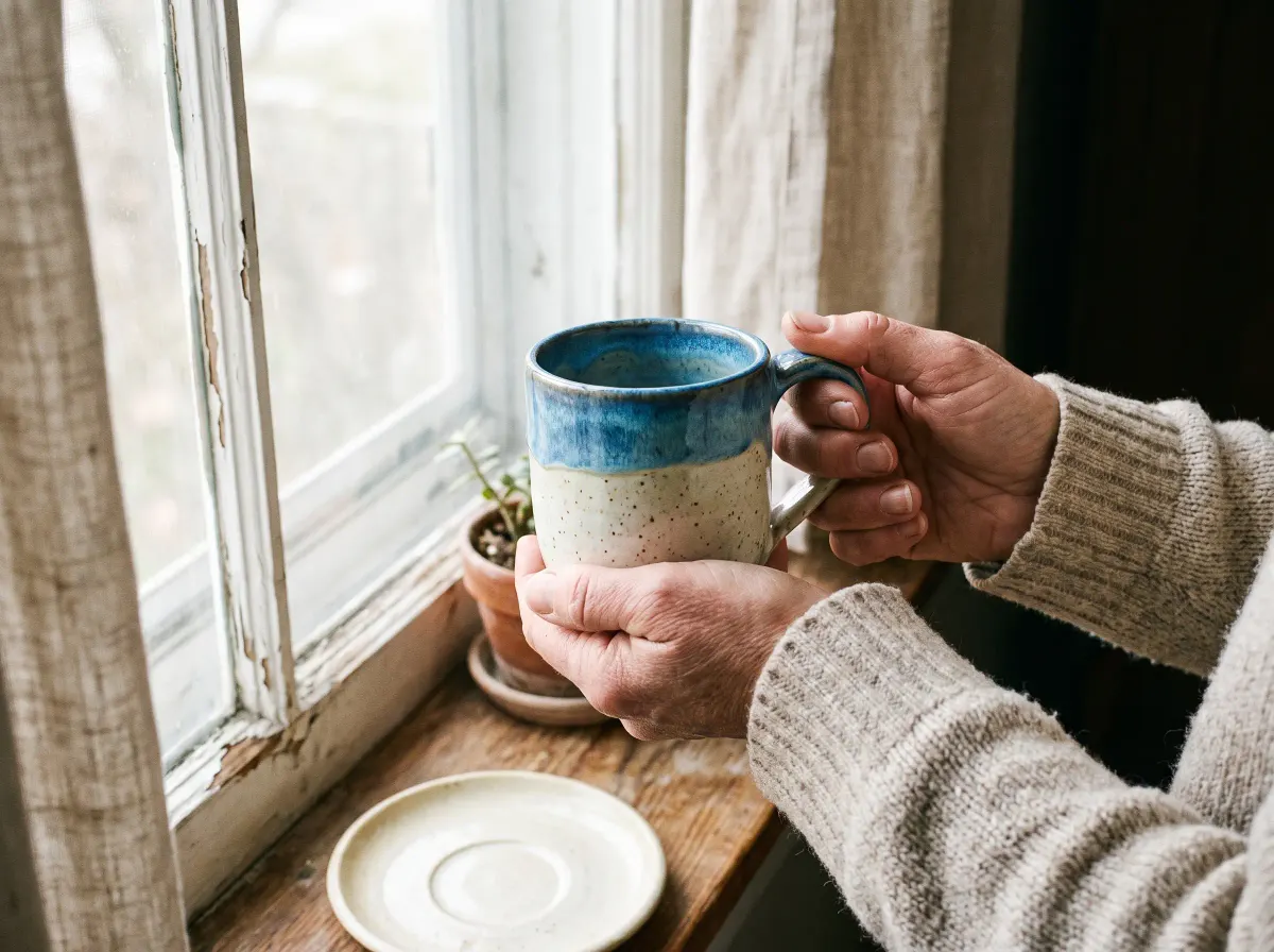 A handmade ceramic mug with an azure glaze held in two hands beside a window