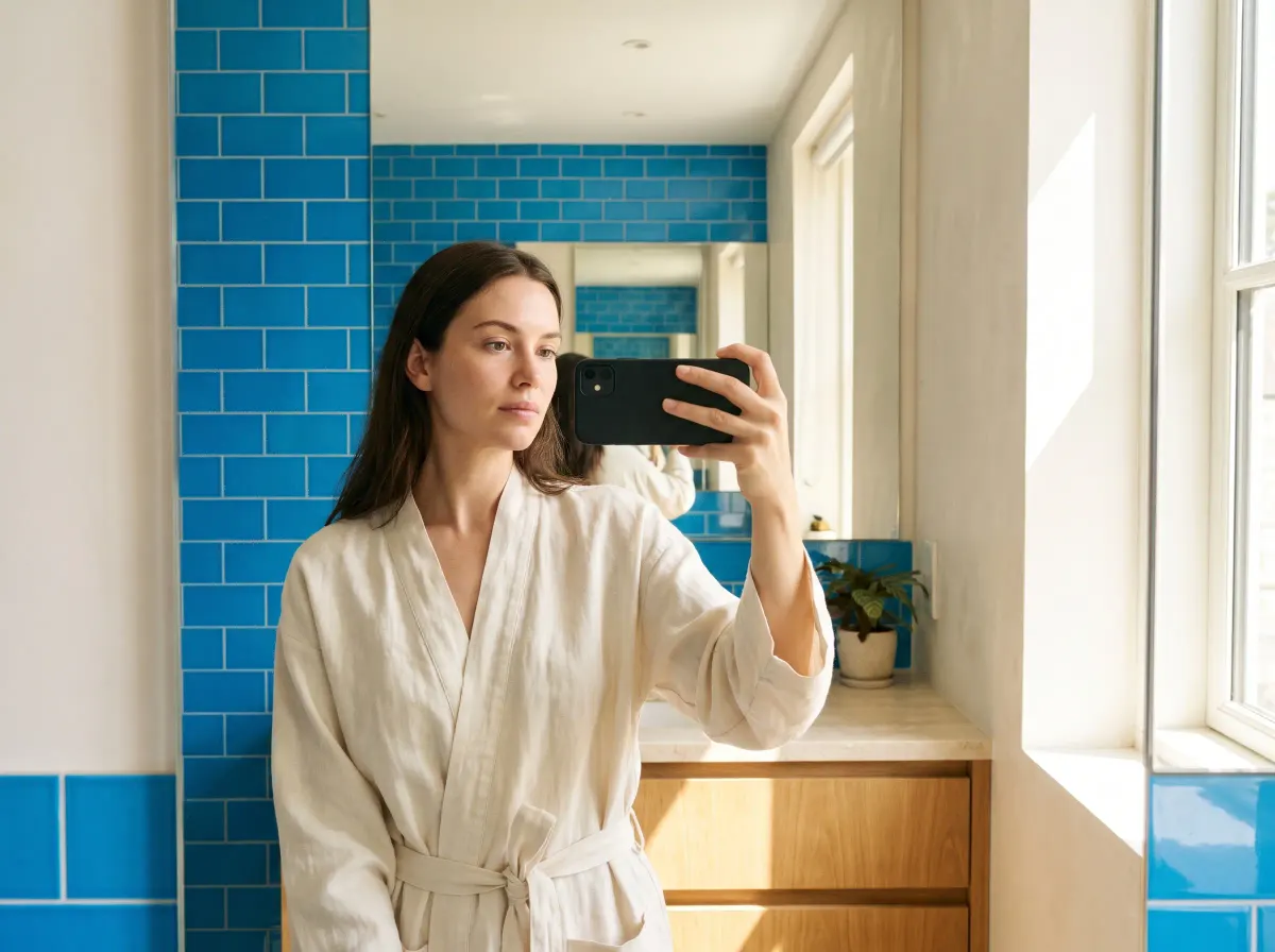 A model taking a mirror selfie in an azure-tiled bathroom