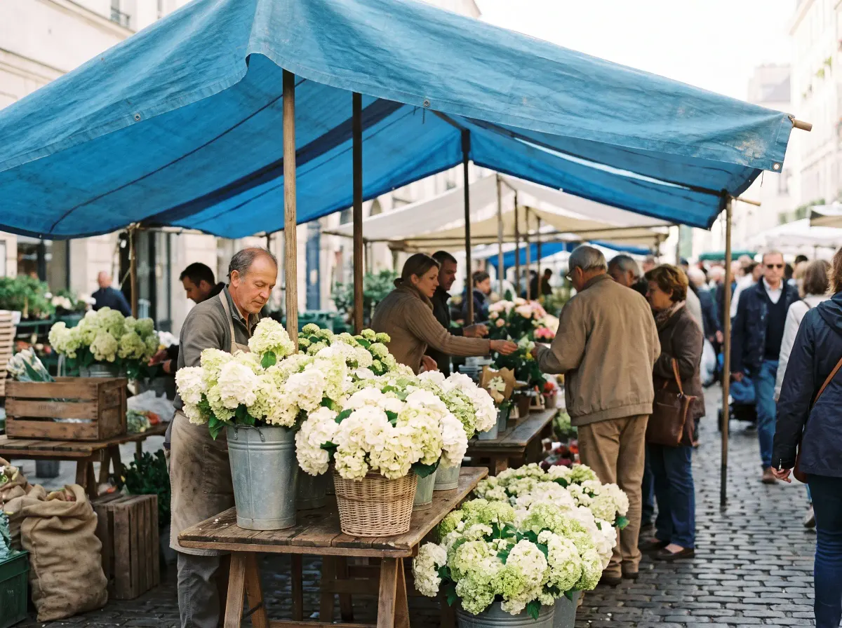 A busy flower market at dawn with buckets of hydrangeas