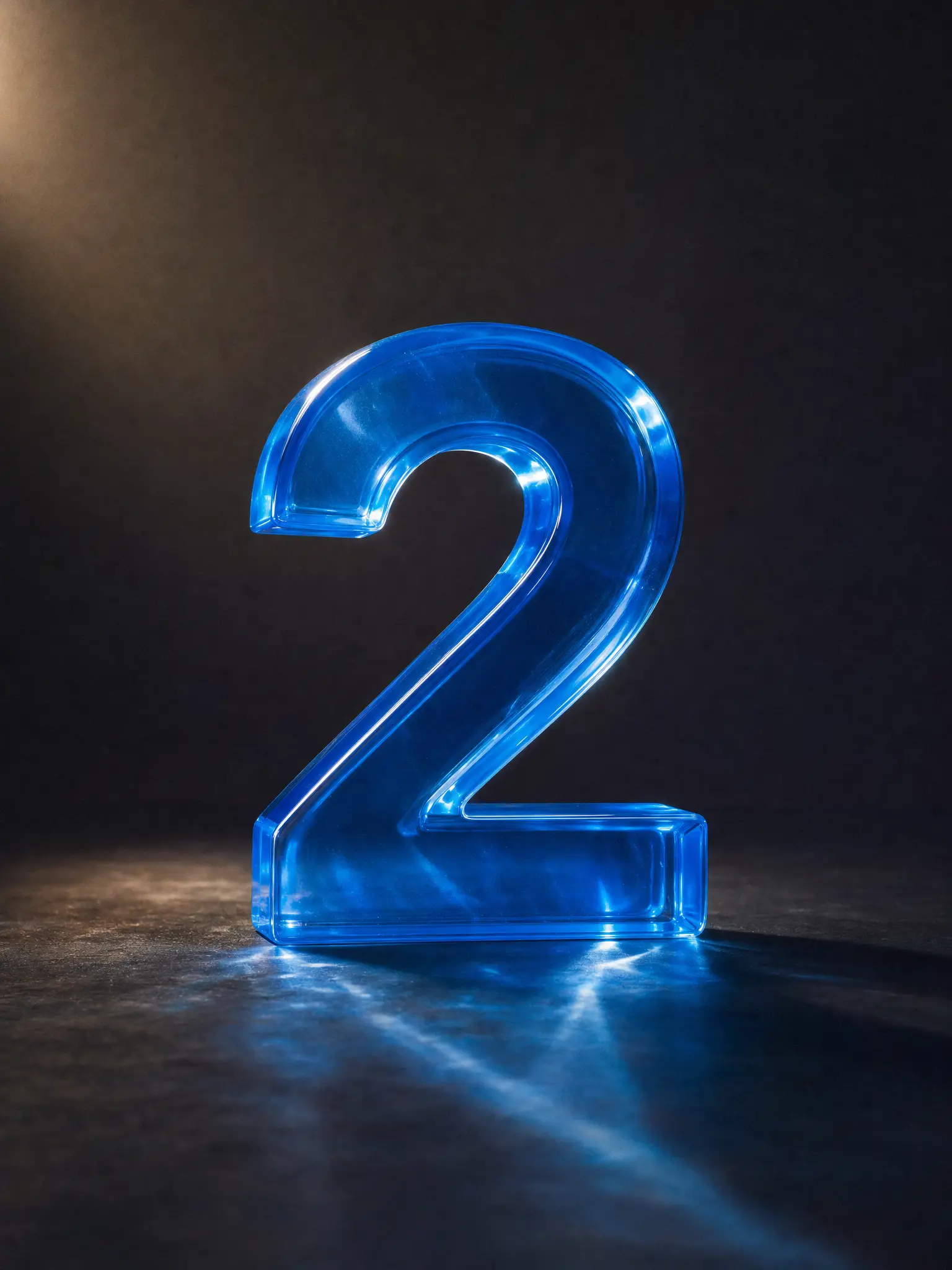 A numeral 2 in liquid azure glass in a dark studio