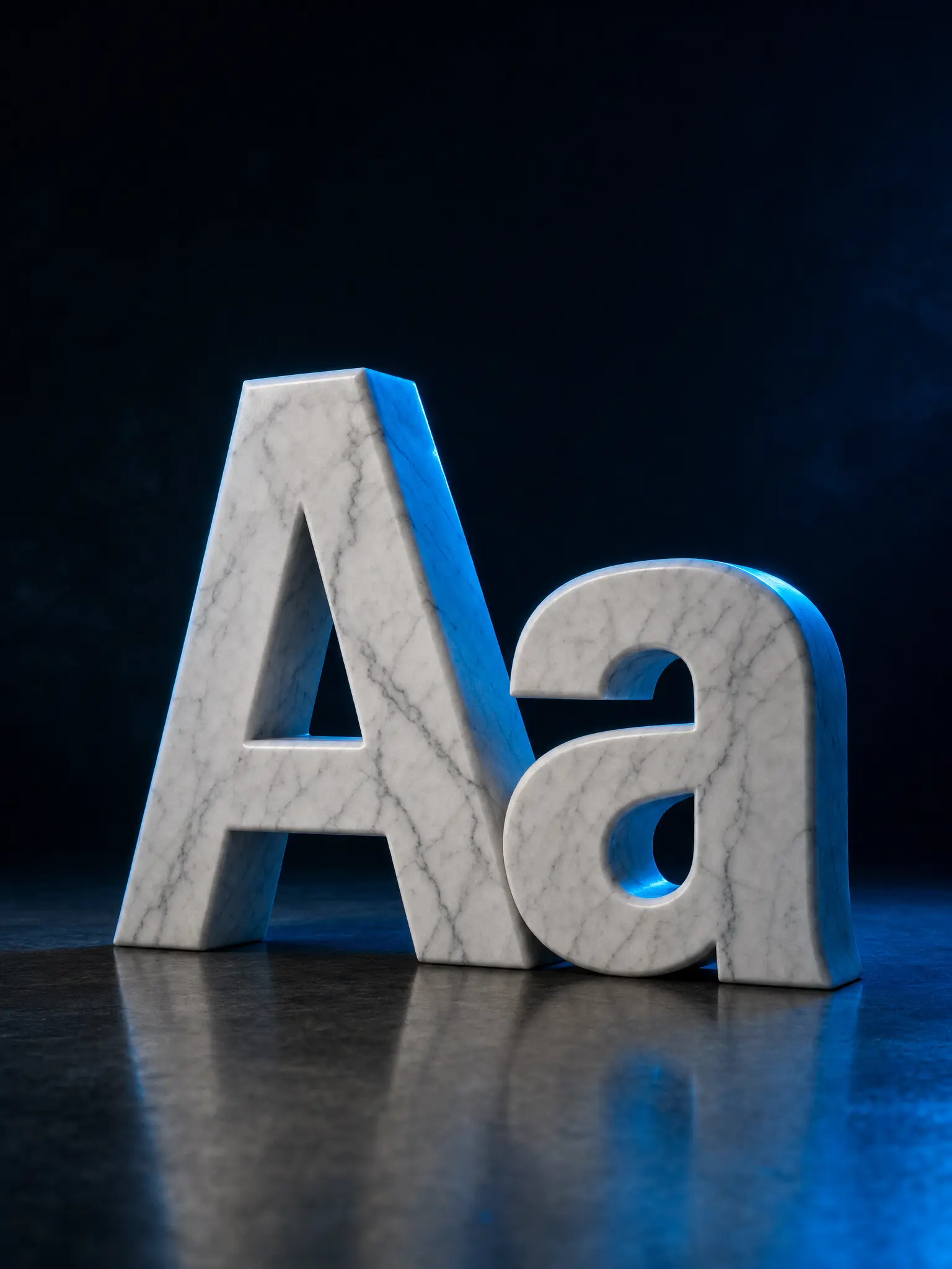 The letters Aa as a marble sculpture under azure light